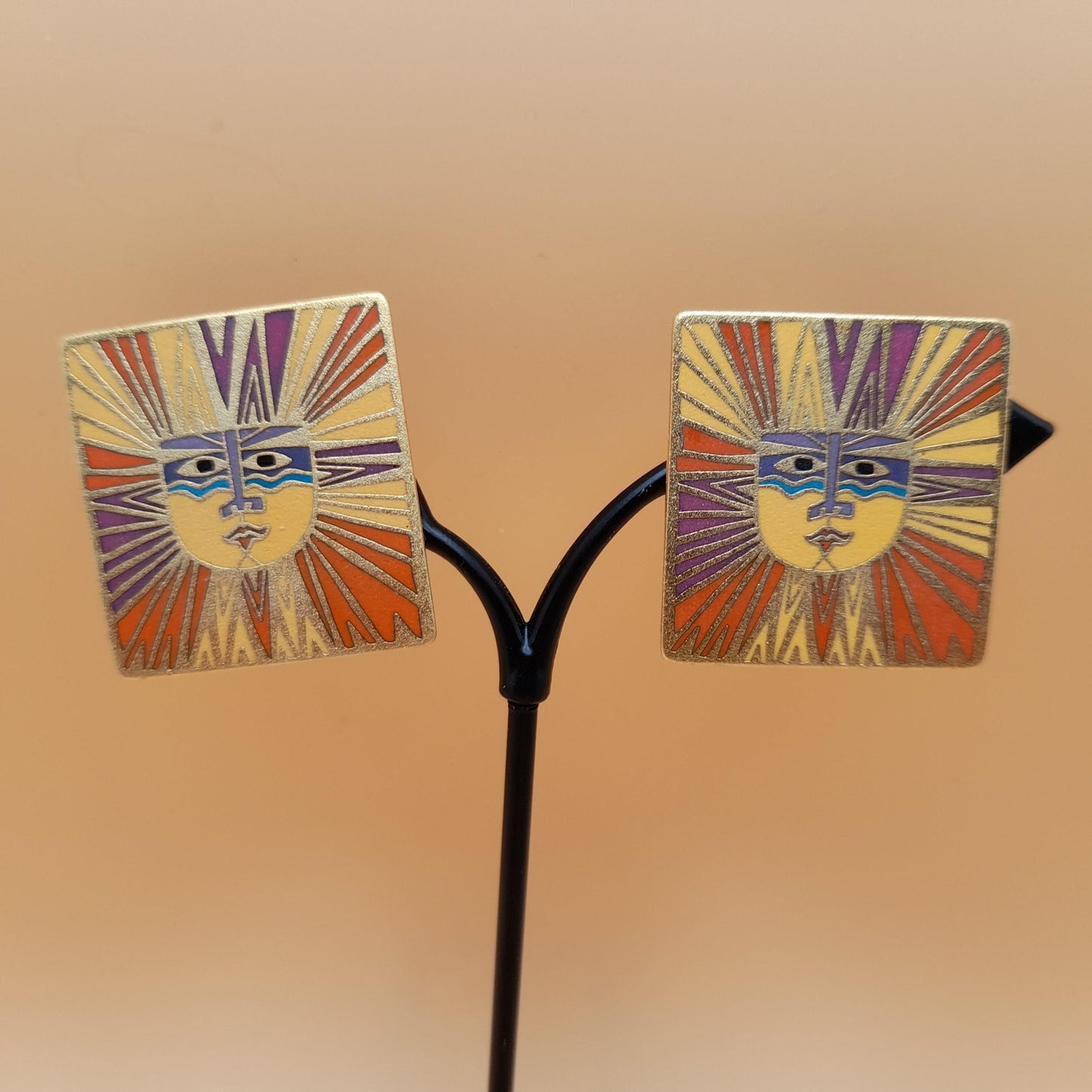 Laurel Burch "Sun Goddess" Clip Earrings, Satin Gold Plated Finish, Cloisonne Enamel, 1980s Vintage Jewelry