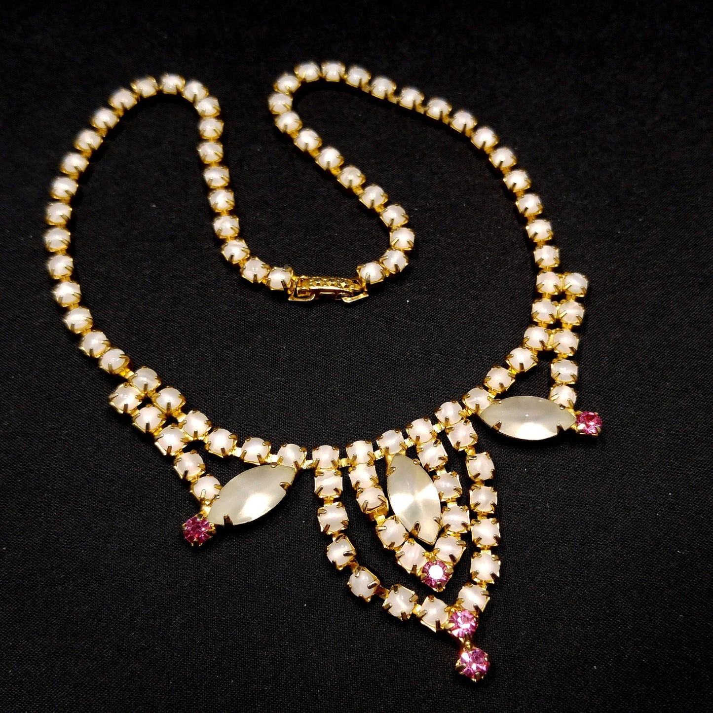 Frosty White Pink Rhinestone Necklace, Gold Plated, 1960s Vintage Jewelry