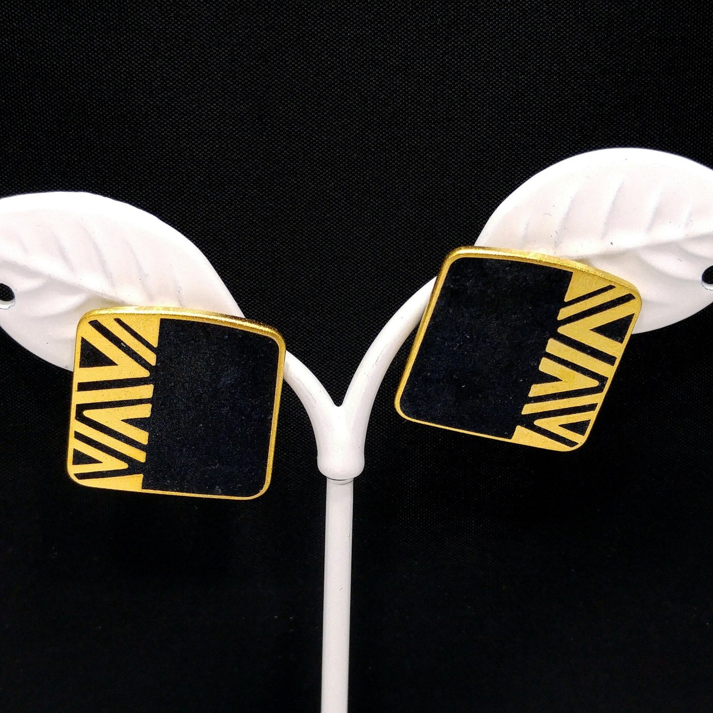 Laurel Burch "Naito" Post Earrings, Black Cloisonné, Gold Plated, 1980s Vintage