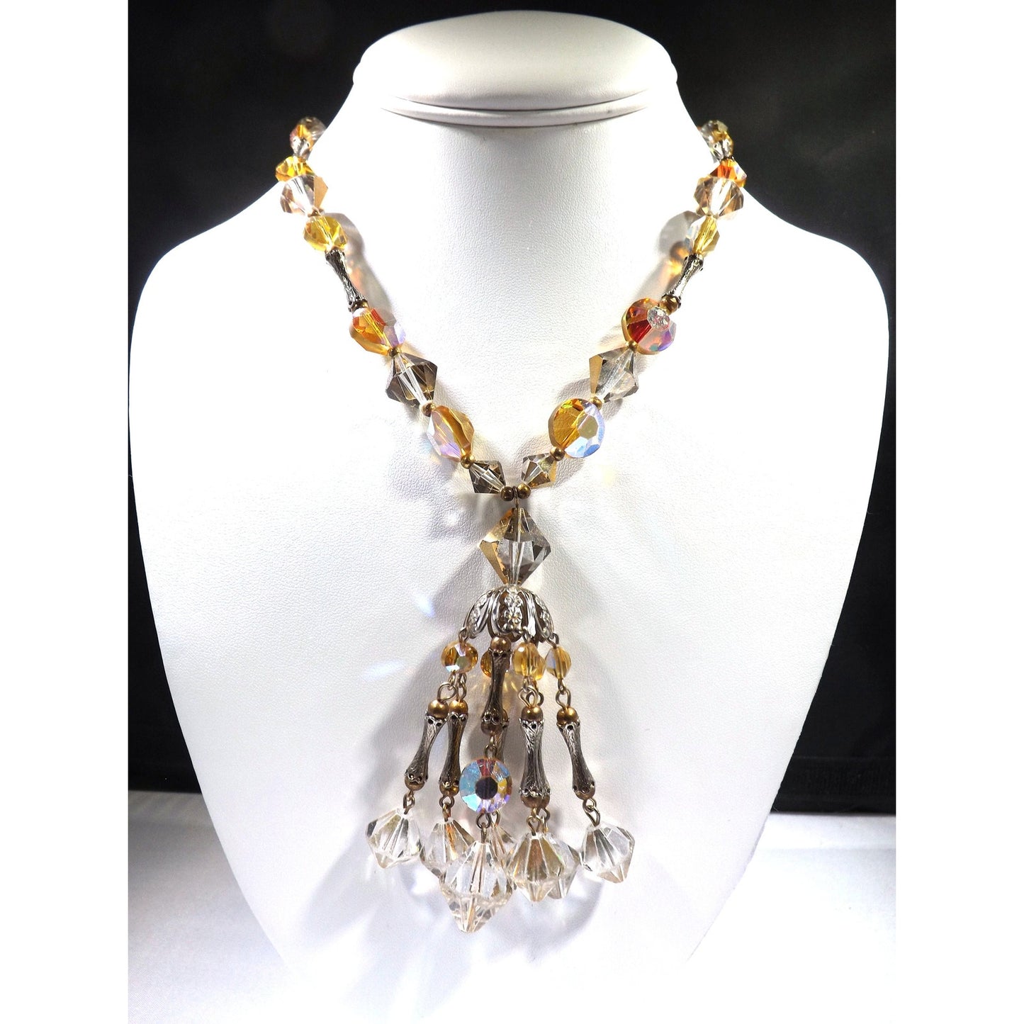 Topaz Crystal Aurora Borealis Gold Filigree Tassel Necklace Earrings, Swarovski Vintage Crystals, 1970s Vintage Jewelry