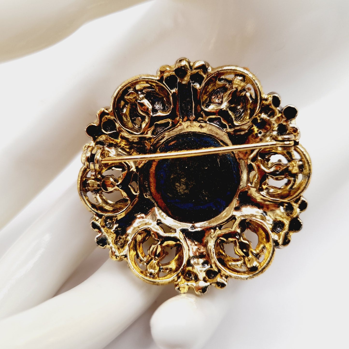 Vintage Micro Mosaic Floral Brooch, Gold Tone Filigree, 1 3/4 Inches
