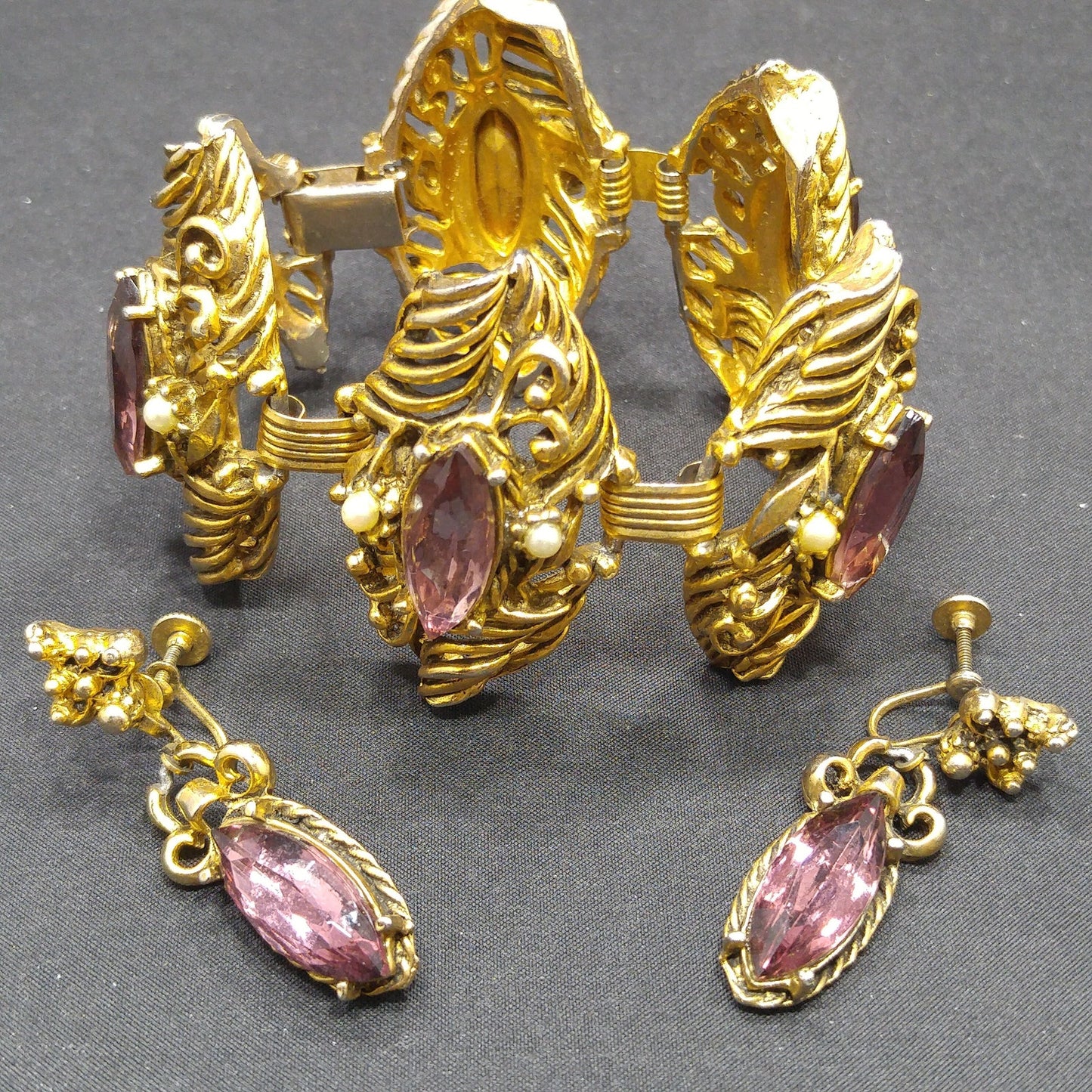 Mid-Century Purple Rhinestone Wide Bracelet Dangle Earrings Set, 1950s Vintage Jewelry