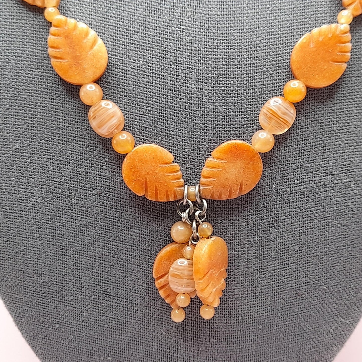 Vintage Carnelian Leaf Necklace, Gemstone Tassel Necklace, 27 Inches, Three Dangles