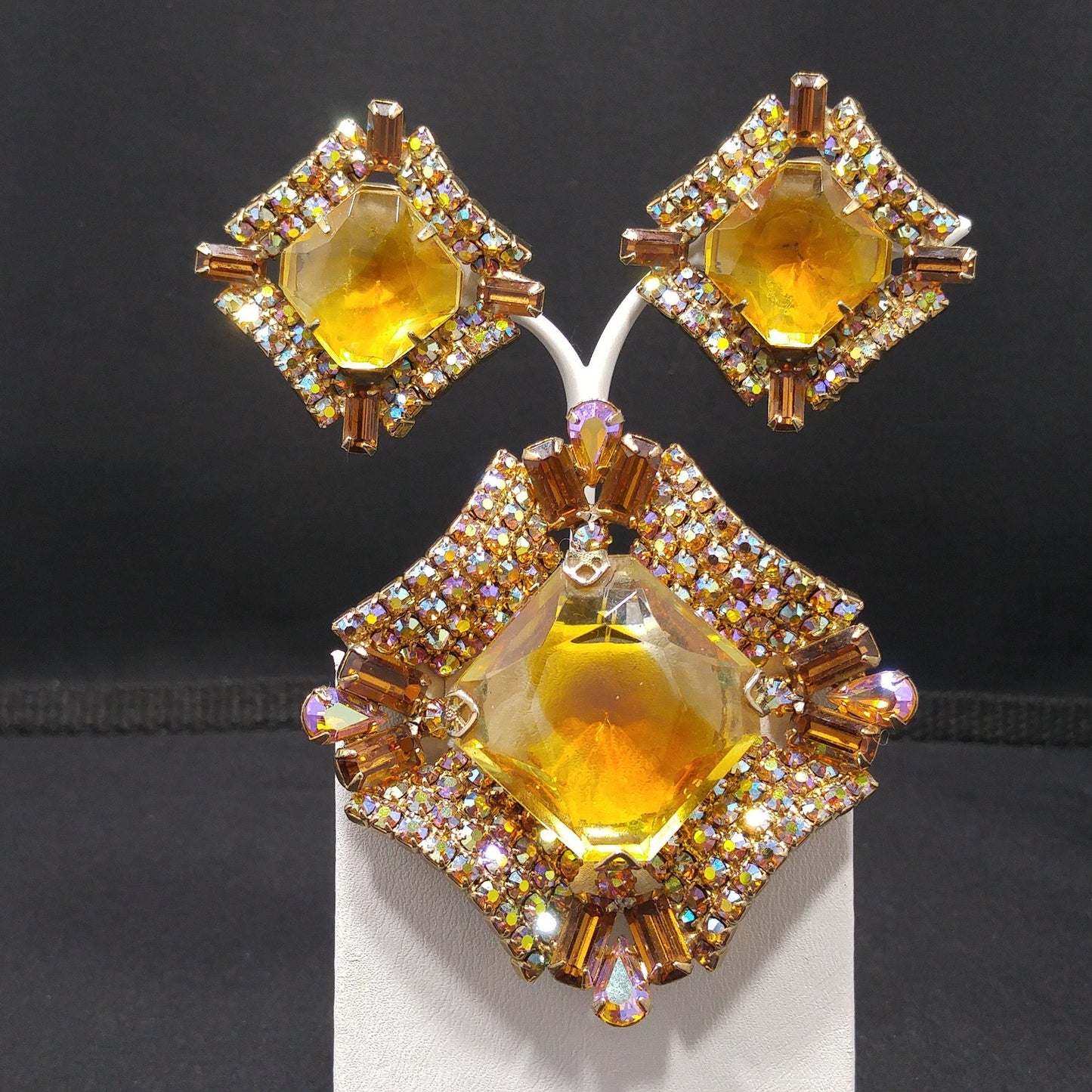 Mid-Century Modern Large Topaz Glass Brooch & Earrings, Gold Plated, 1960s Vintage Jewelry