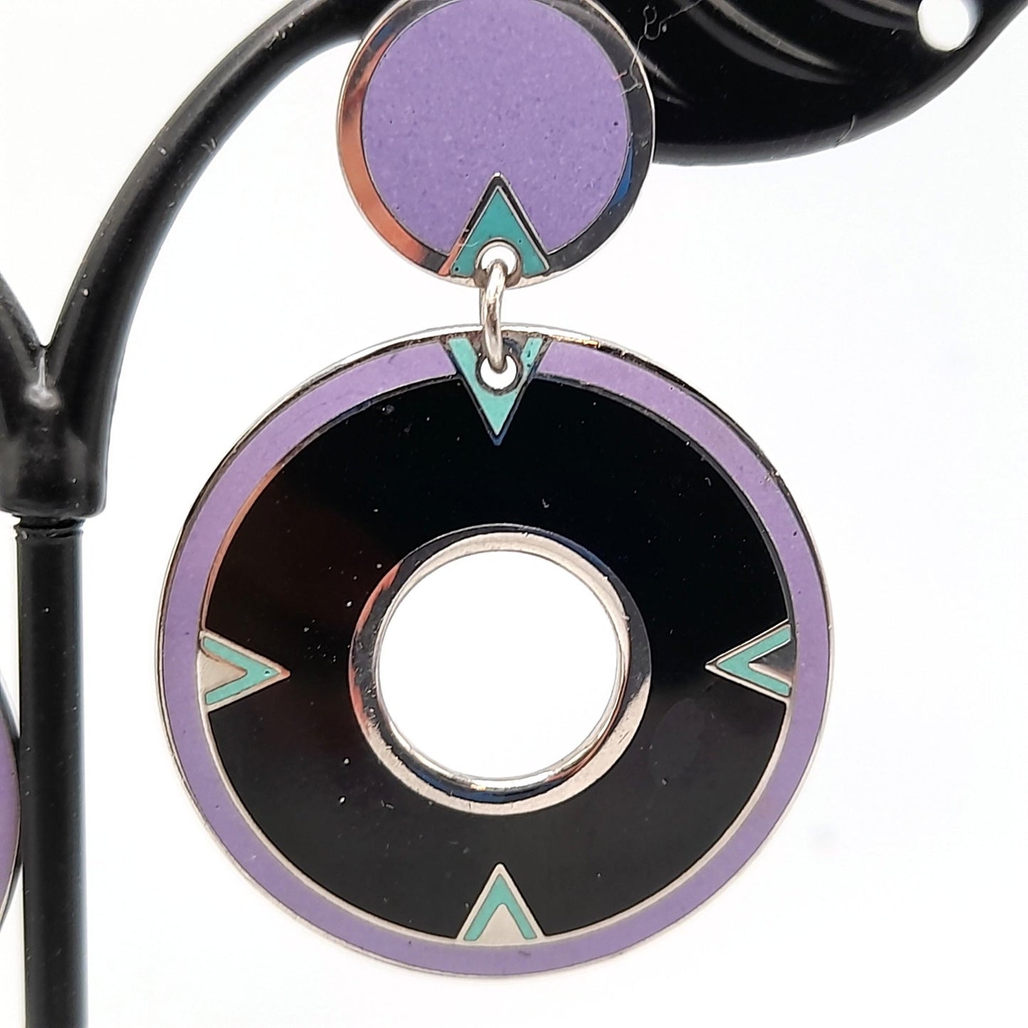 Laurel Burch "Summer Moon" Drop Earrings, Cloisonne Enamel, Rhodium Plate, Rare 1980s Vintage Jewelry