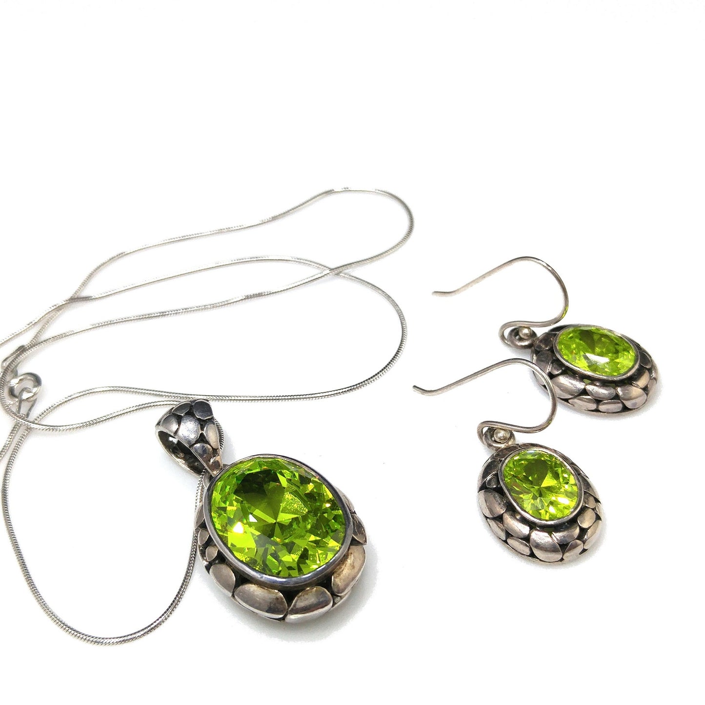Peridot CZ Silver Necklace & Earrings Set, Italy Snake Chain, 1990s Vintage Jewelry