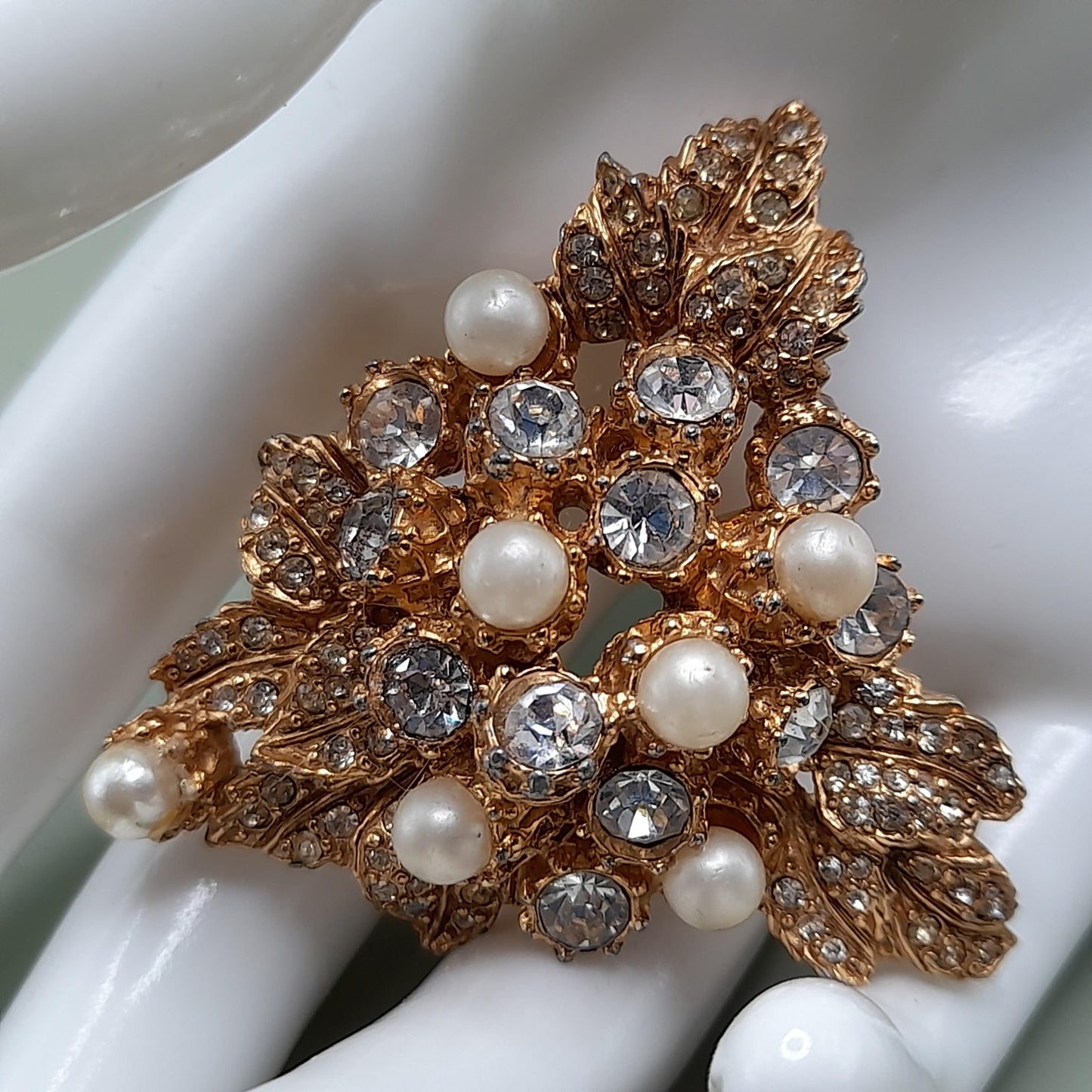 Vintage Hattie Carnegie Brooch, Faux Pearls, Pave Larger Rhinestones, Gold Plated, 1950s