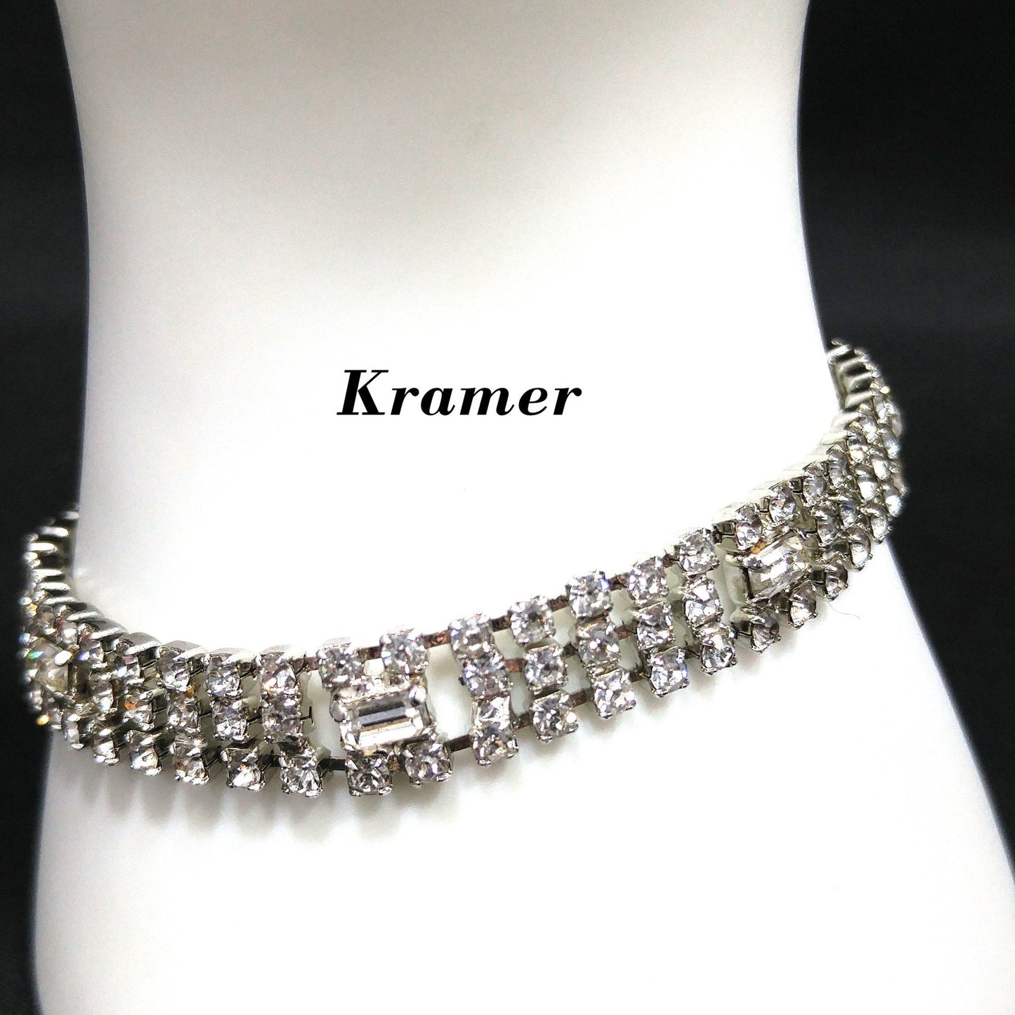 Kramer Clear Rhinestone Bracelet, Rhodium Plated, 1950s Vintage Jewelry
