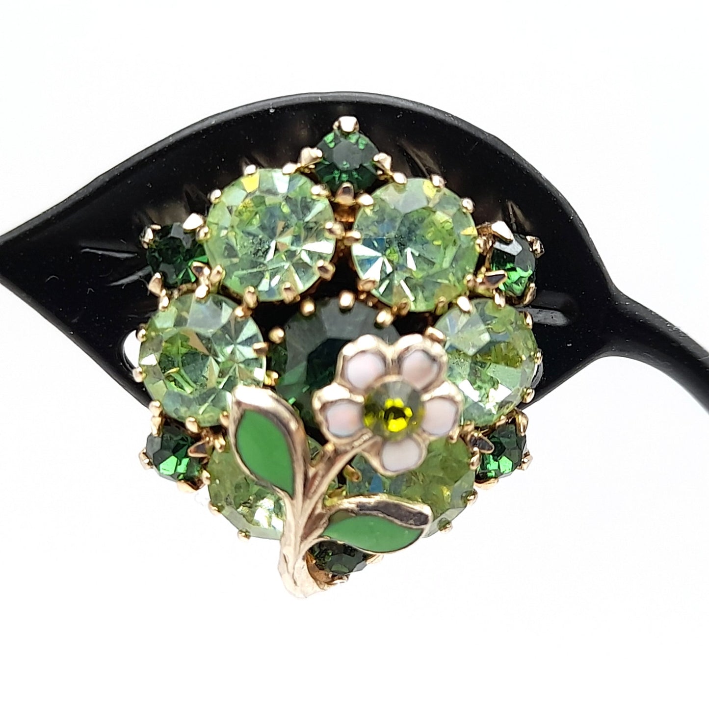 Vintage Weiss Green Rhinestones Floral Clip Earrings, 1960s