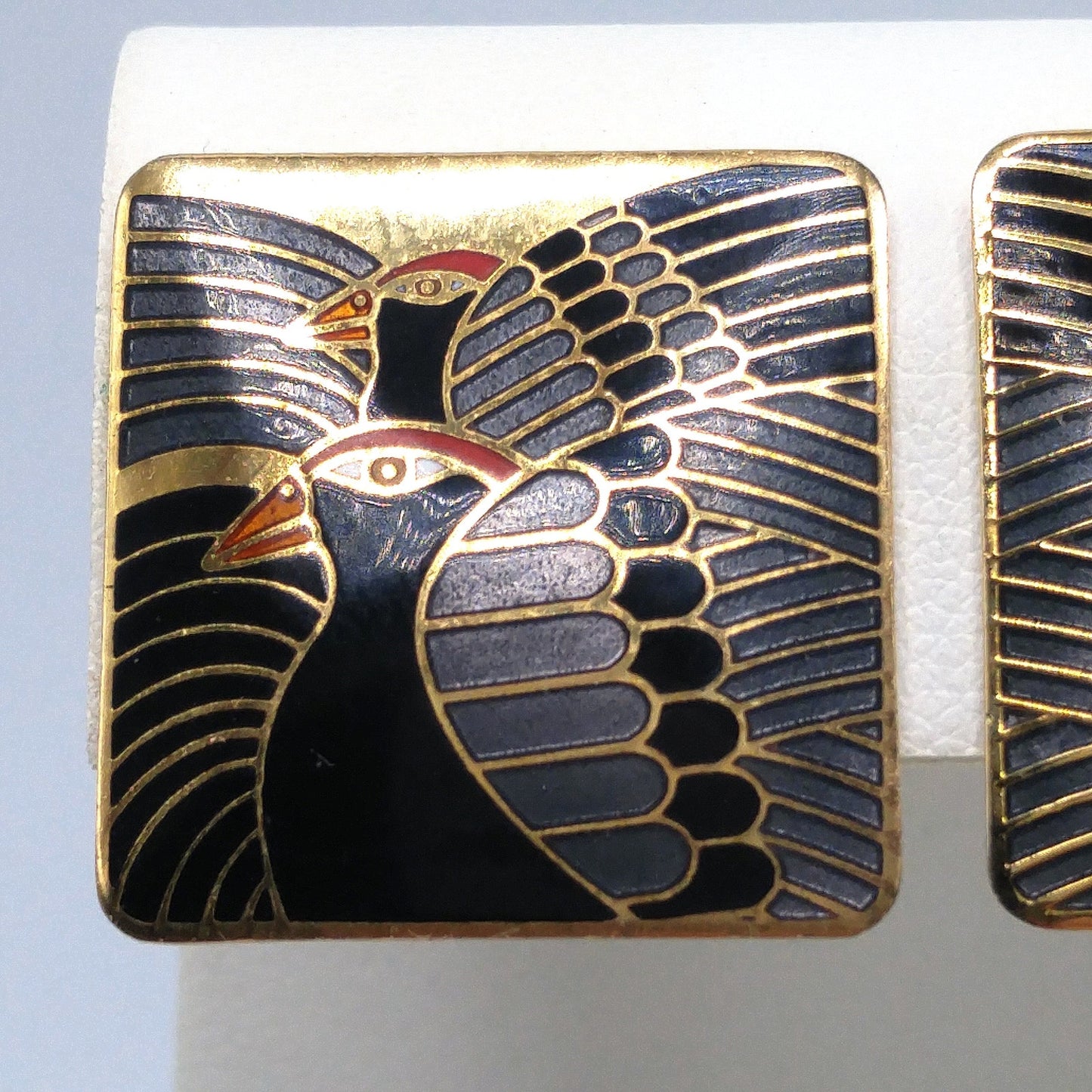 Vintage Laurel Burch "Moondoves" Clip Earrings, Black Birds, Gold Plated