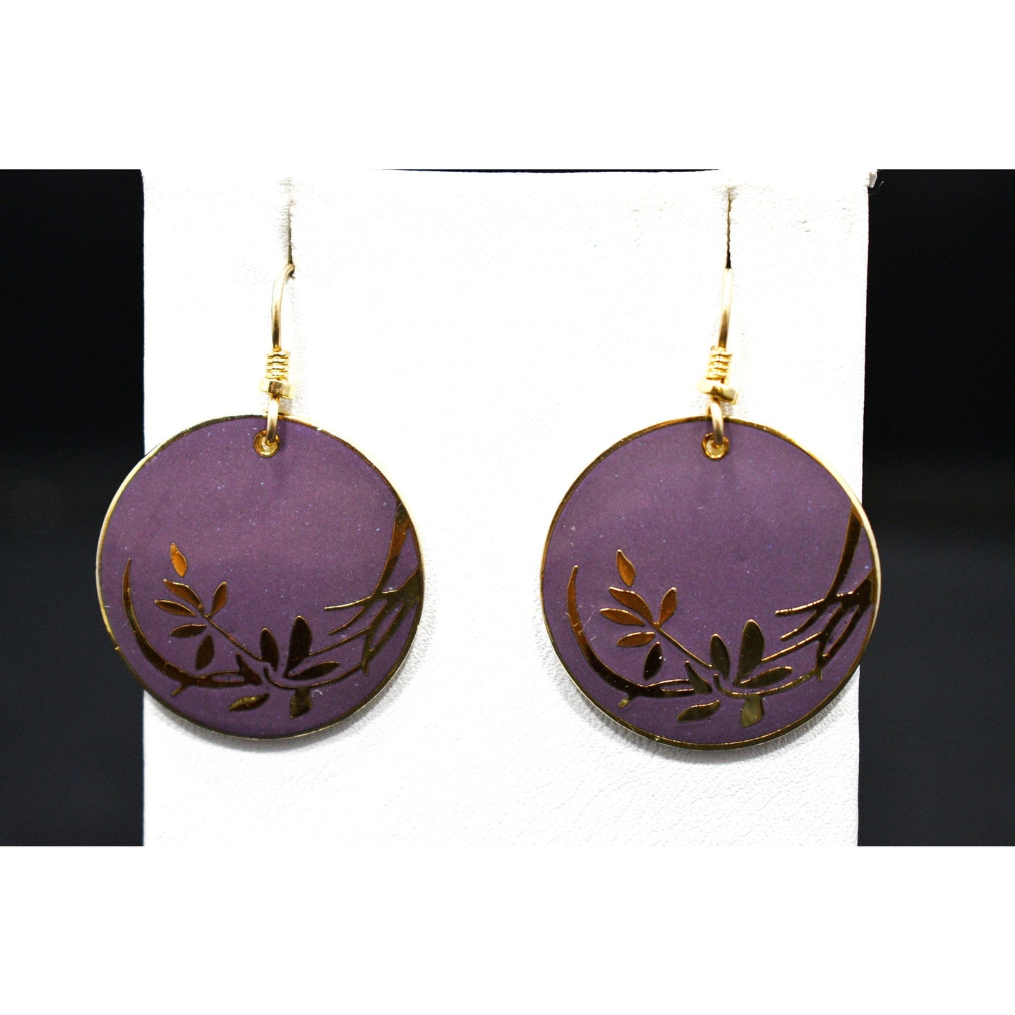 Vintage Laurel Burch Floral Gold Plated Earrings, Purple Enamel