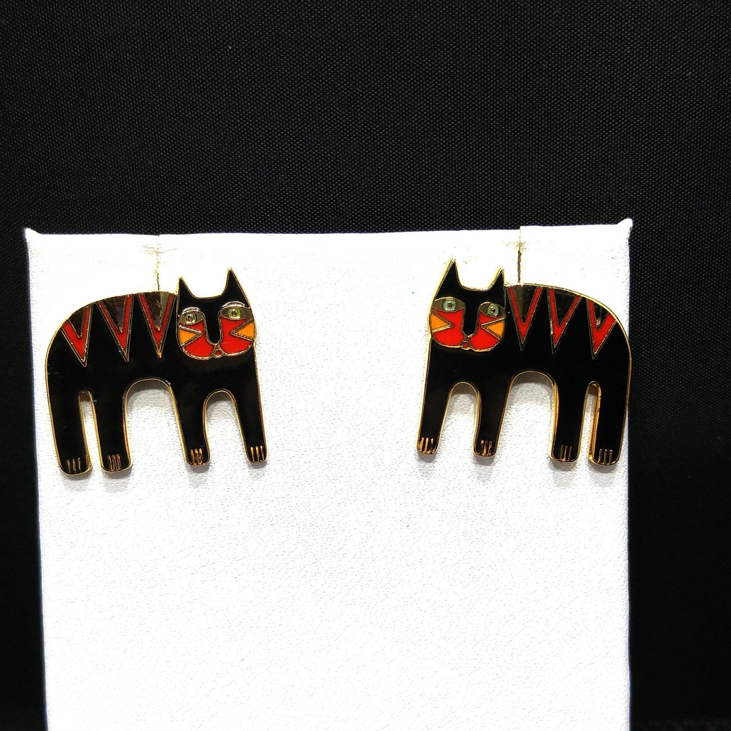 Vintage Laurel Burch Black Cat Post Earrings, Black Red Enamel, Gold Plated