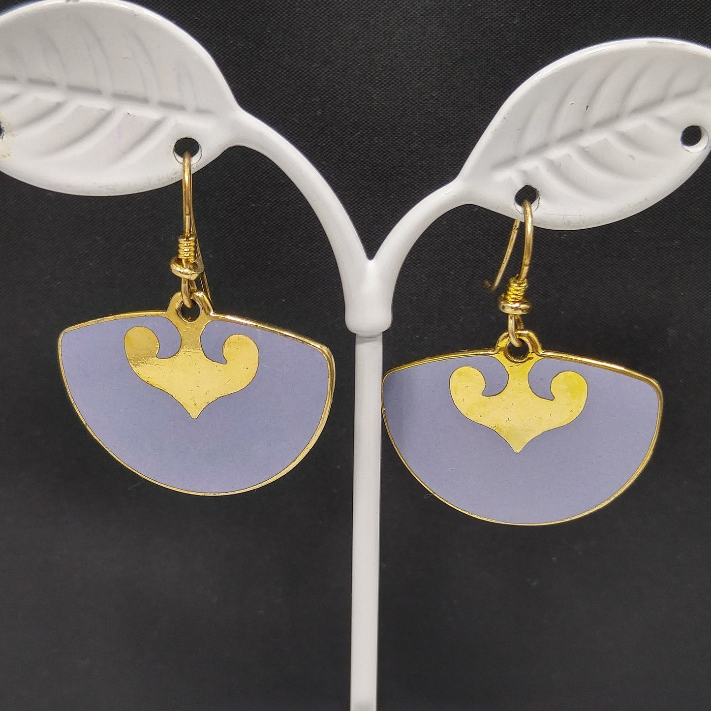 Vintage Laurel Burch Fan Earrings, Gold Plated, Lavender Enamel