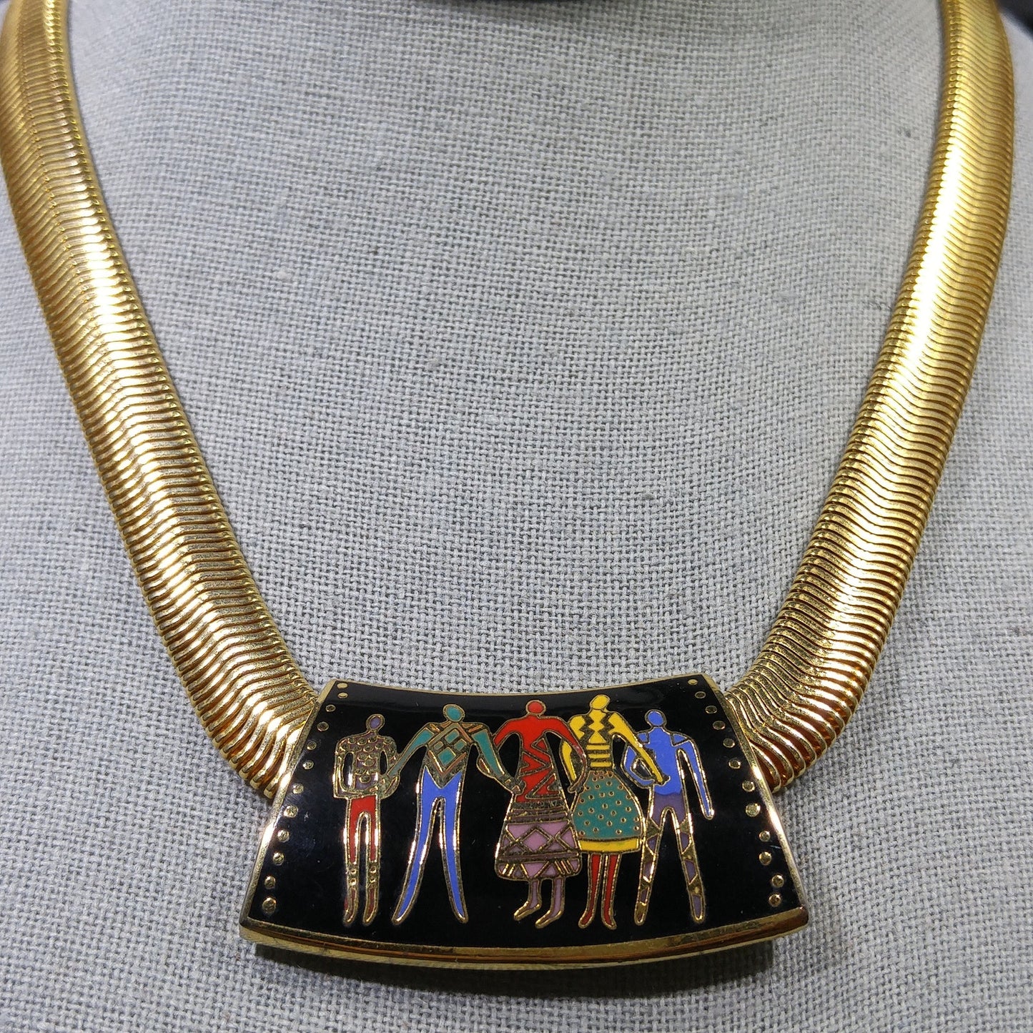Laurel Burch "Familia" Cloisonne Necklace, Gold Plated Omega Chain, 1980s Vintage Jewelry