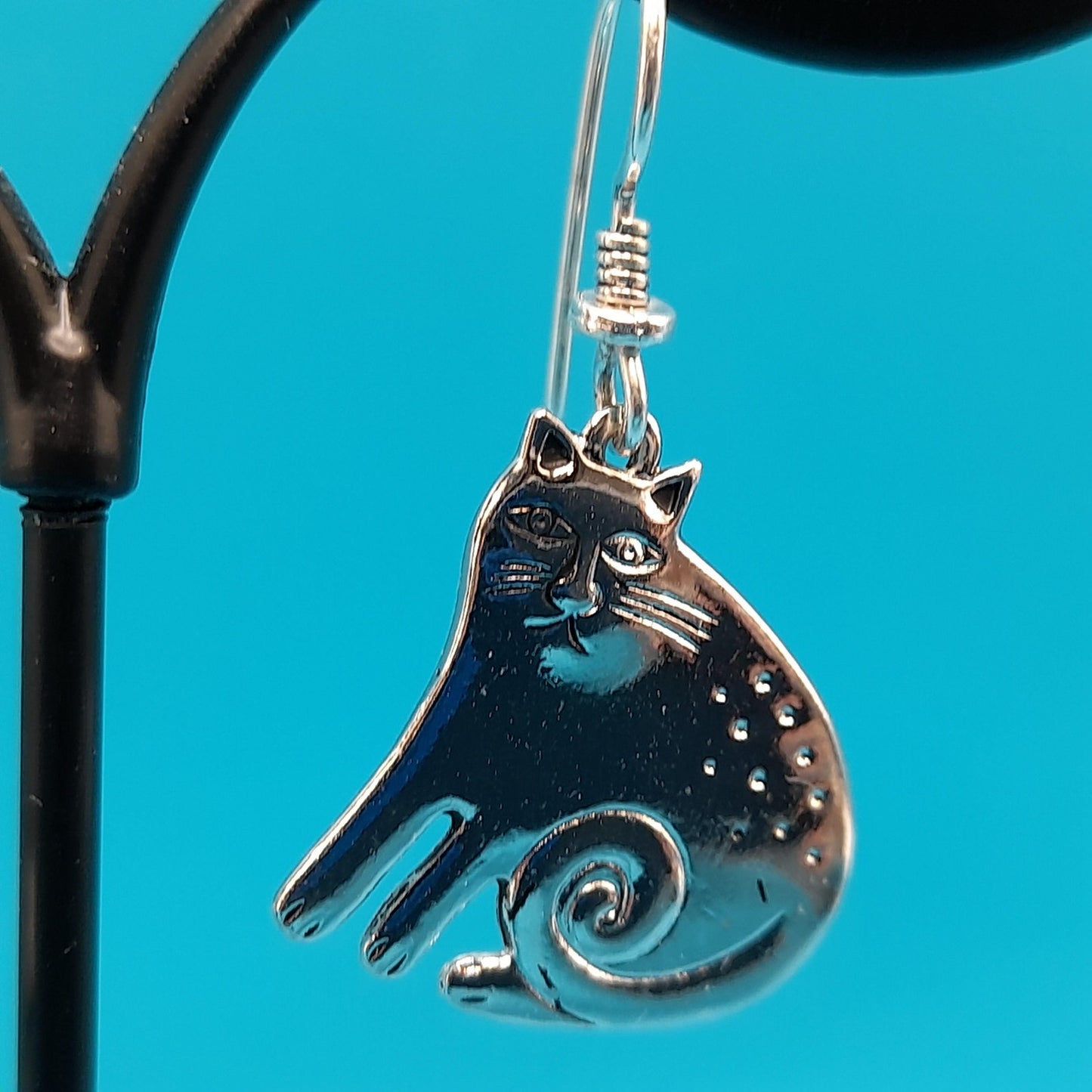 Vintage Laurel Burch Keshire Cat Earrings, Rhodium Plated