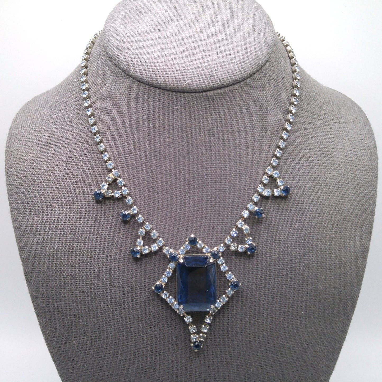 Mid-Century Blue Glass Pendant Necklace, Dark Light Blue Rhinestones, 1950s Vintage Jewelry