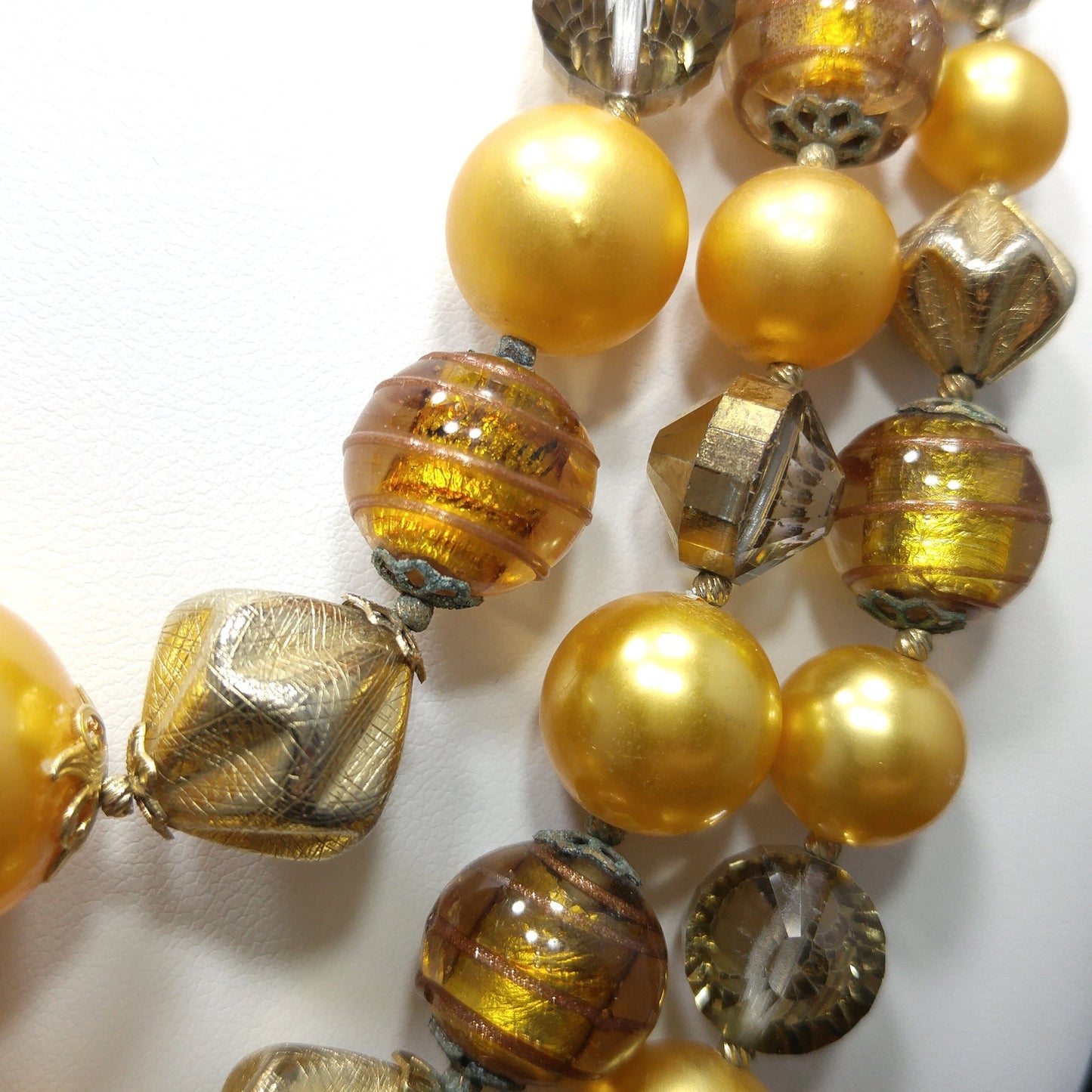 Vintage 1950s Gold Glass Bead Necklace, 3 Strand Mid-Century Statement Jewelry
