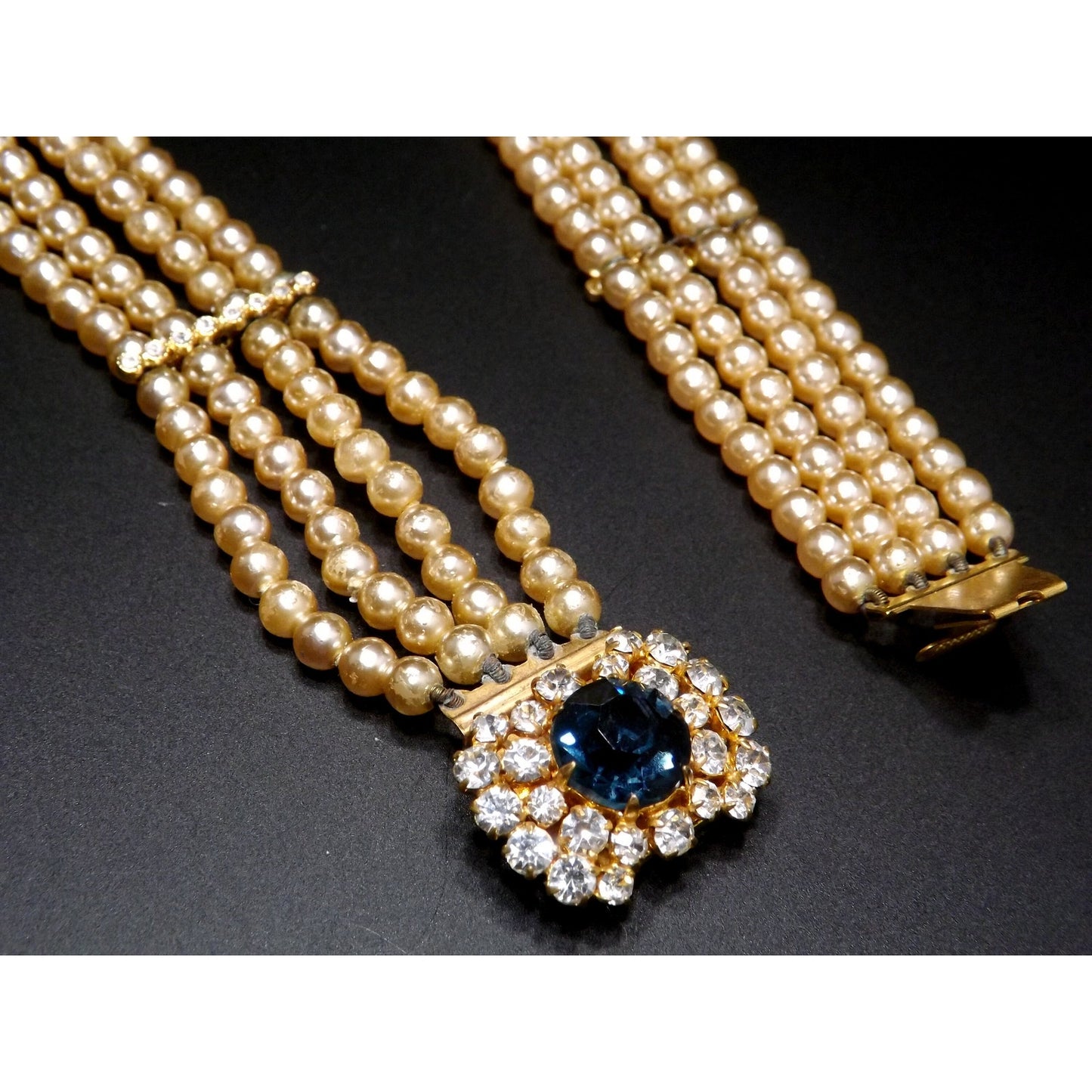 Blue Rhinestone Faux Pearl Collar Necklace, Three Strands, 14 Inches, 1950 Vintage Jewelry