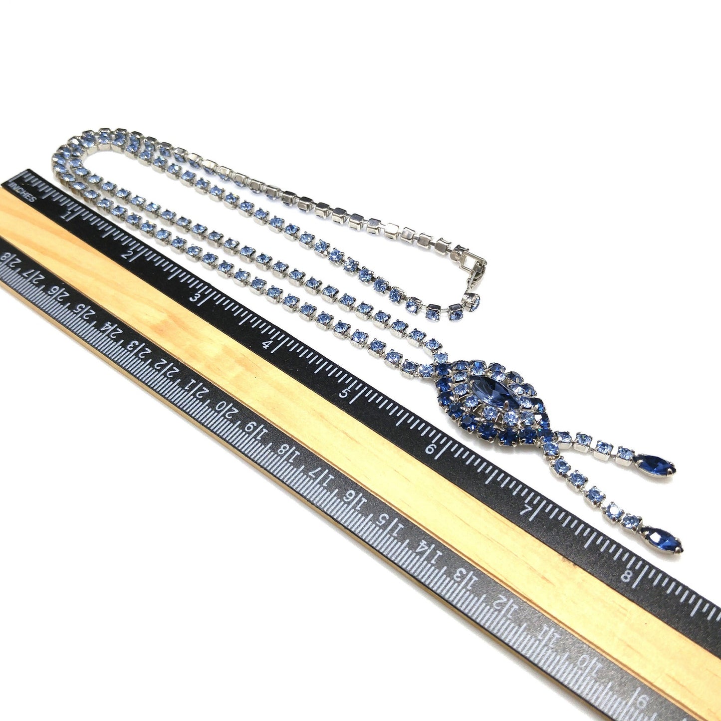 Mid Century Blue Rhinestone Rhodium Plated Necklace, Light & Dark Blue Rhinestones, 1960s Vintage Jewelry