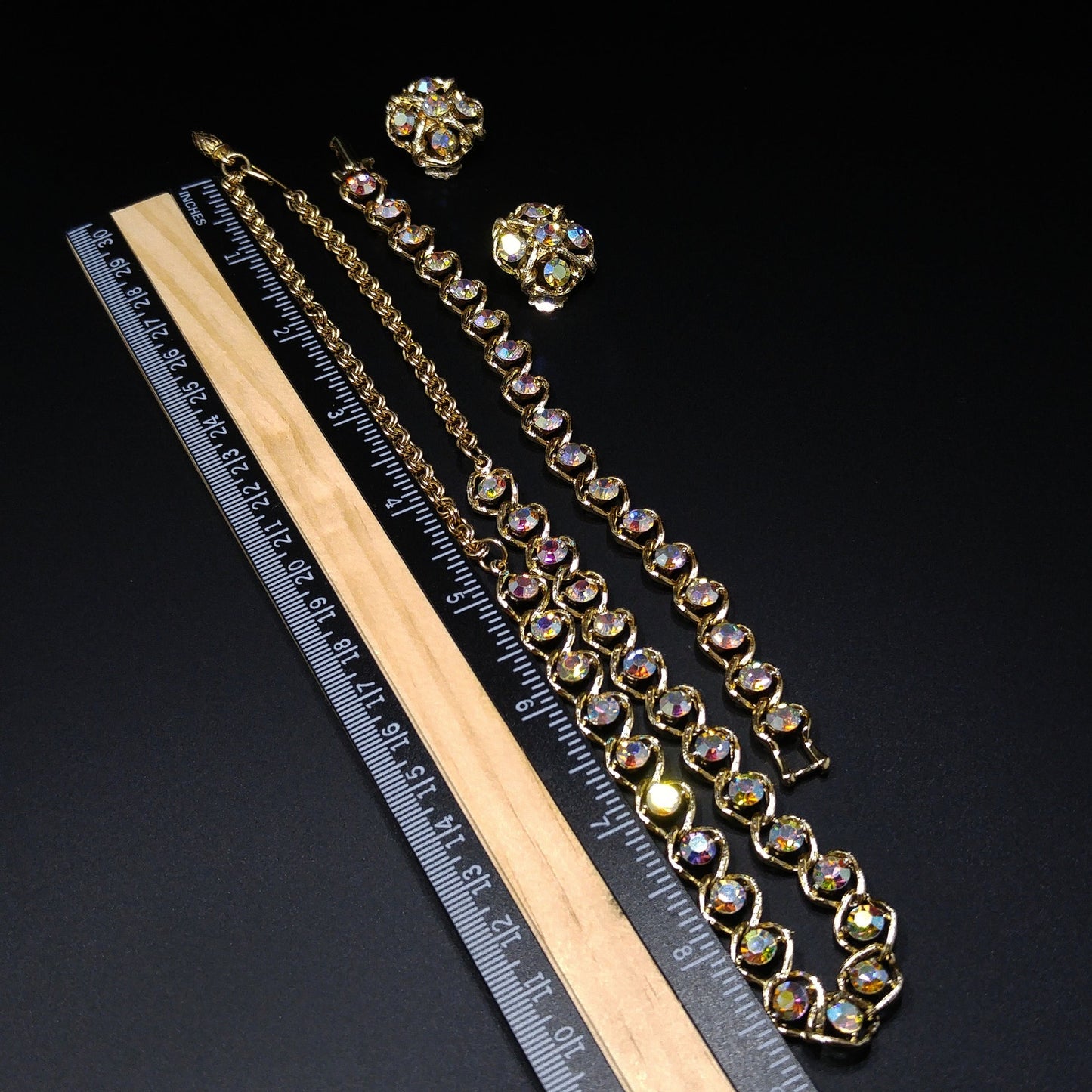 Aurora Borealis Rhinestone Necklace Bracelet & Earrings, Gold Plated, 1960s Vintage Jewelry
