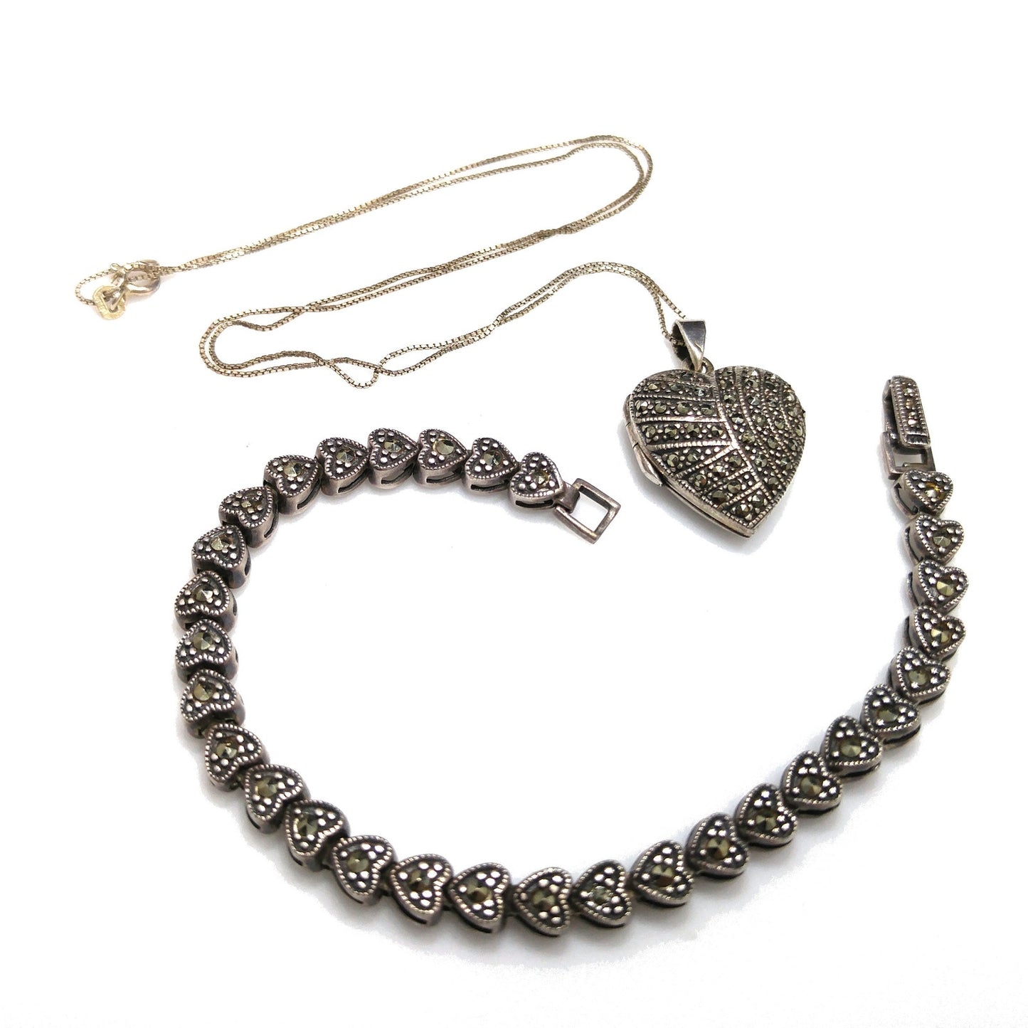 Marsala Silver Heart Locket Necklace & Bracelet, 925 Box Chain, 1980s Vintage Jewelry