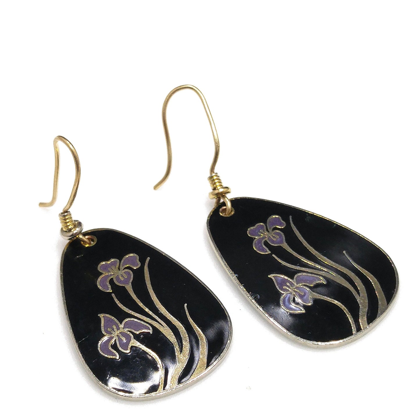 Vintage Laurel Burch Black Enamel Purple Lily Earrings, Gold Plated