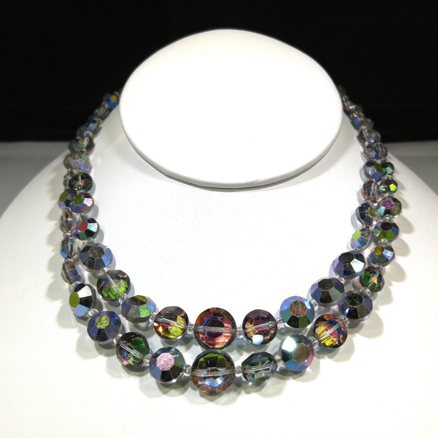 Rare Aurora Borealis Aspirin Bead Necklace, 2 Strands, Swarovski Crystal Beads, 1950s Vintage Jewelry