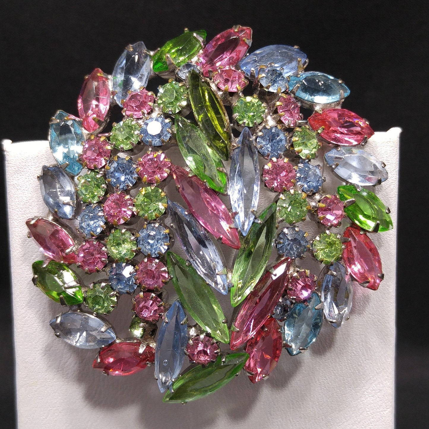 Pastel Rhinestone Floral Brooch, Rhodium Plated, Open Back Stones, 1960s Vintage Jewelry