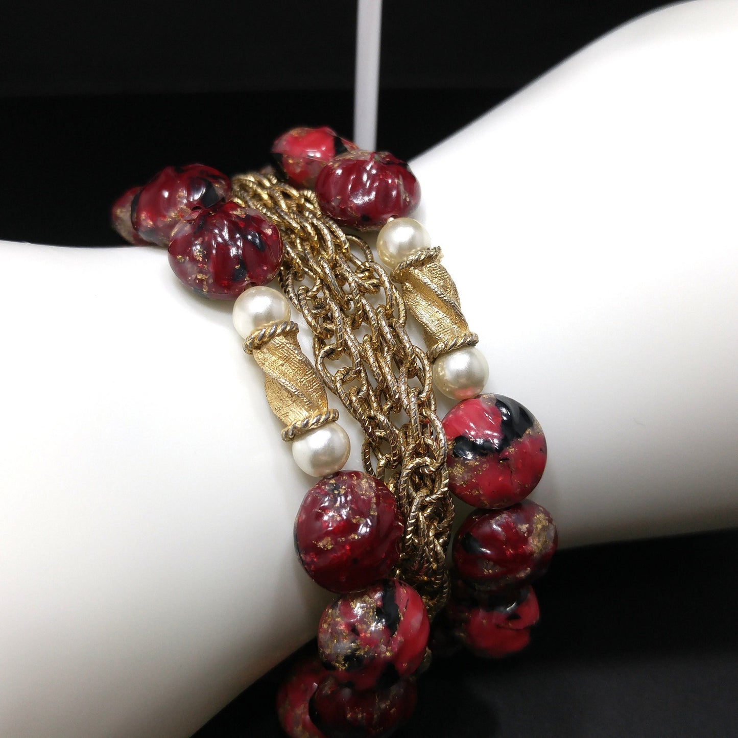 Kramer Red Thermoset Beaded Bracelet & Earrings, 22K Gold Plated Bracelet, 1940s Vintage Jewelry