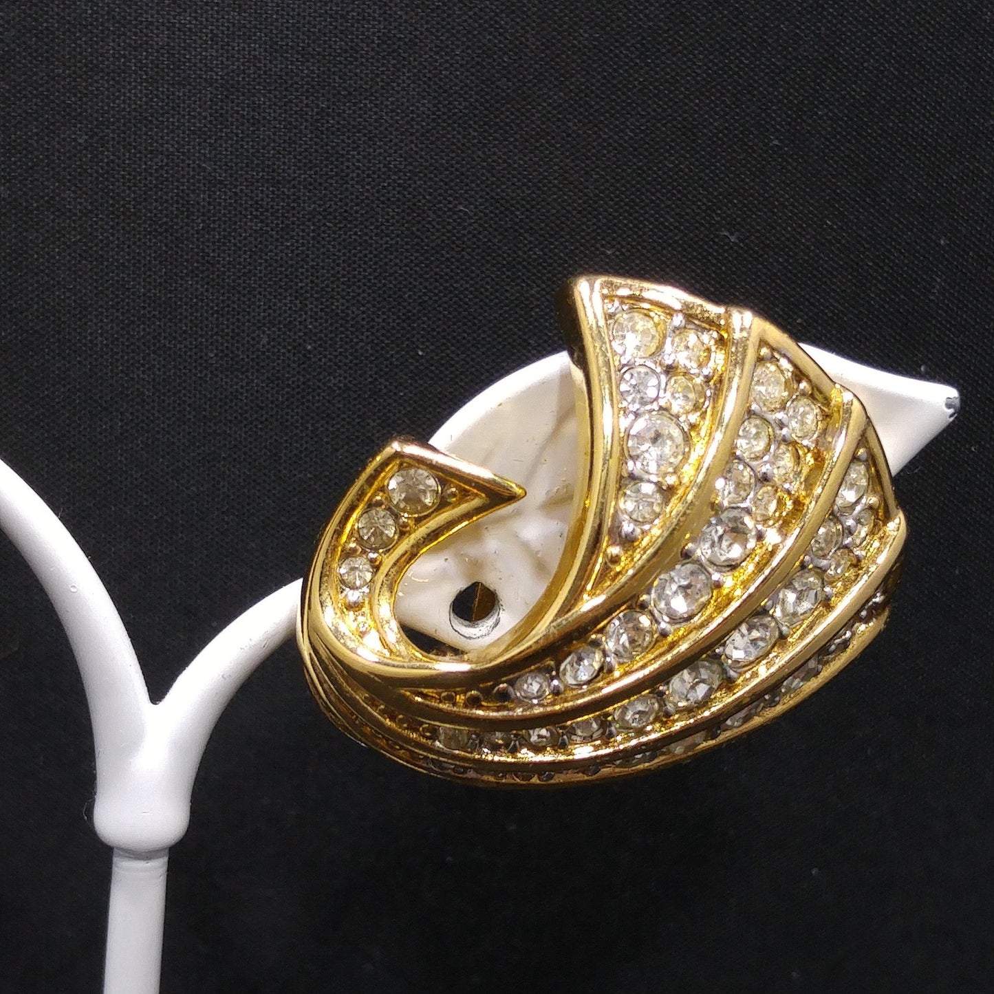 Nina Ricci Gold Plated Earrings, Pave Clear Rhinestones, 1960s Vintage Jewelry