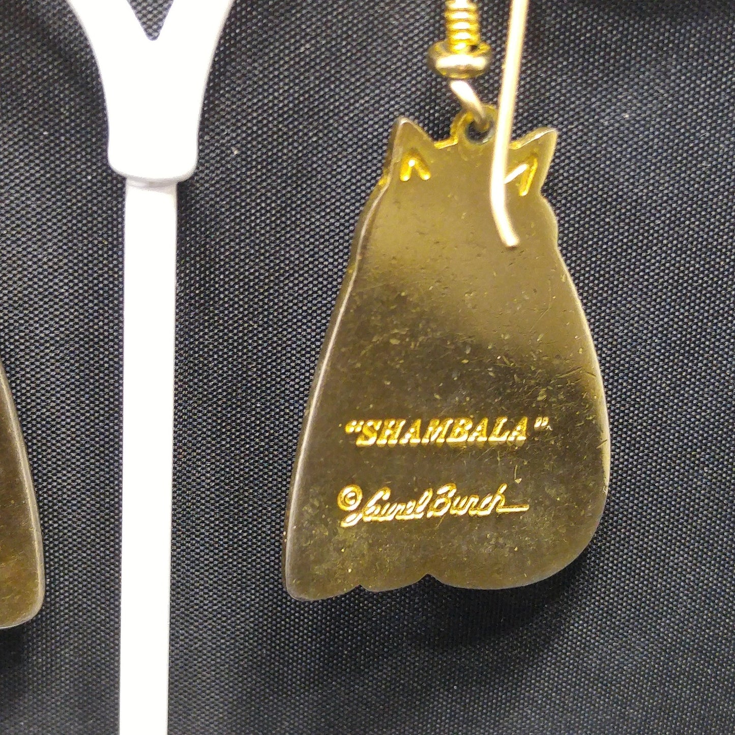 Laurel Burch Shambala Cat Earrings, White Gray Enamel, Gold Plated, 1980s Vintage Jewelry