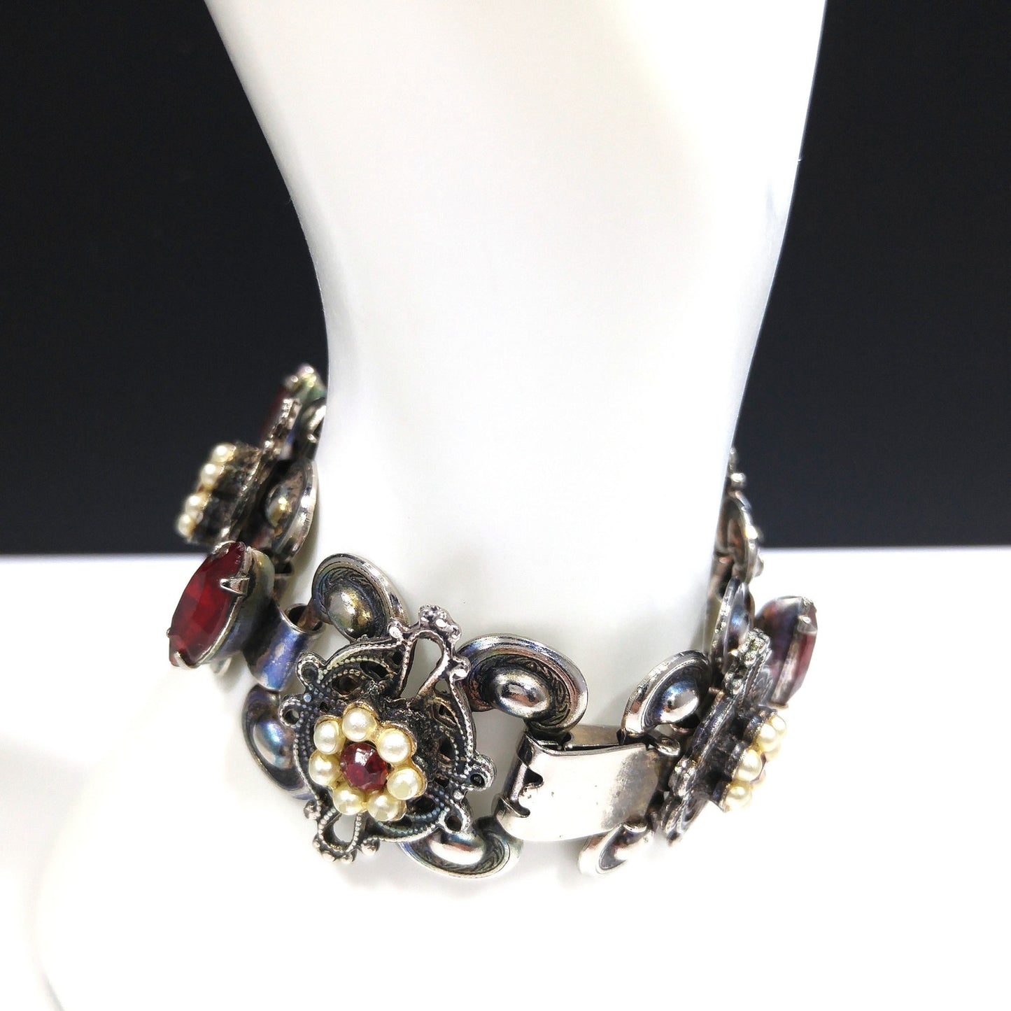 Victorian Red Rhinestone Book Chain Bracelet, Faux Pearl Flowers, 1940s Vintage Jewelry