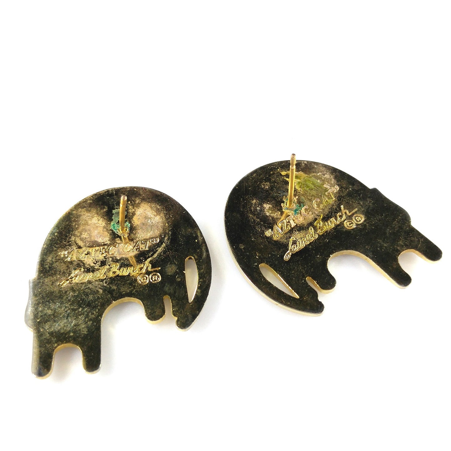 Vintage Laurel Burch "Aztec Cat" Post Earrings, Gold Plated, Black Gray Enamel