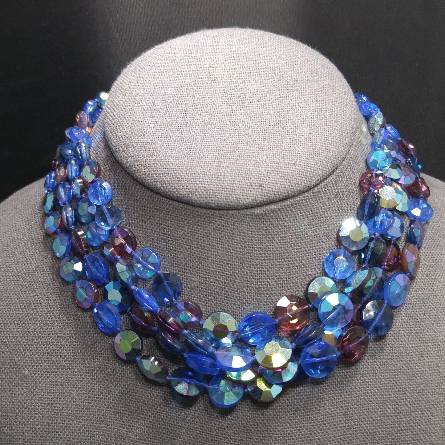Blue Purple Aurora Borealis Necklace, Hand Knotted Four Strands, 1950s Vintage Jewelry
