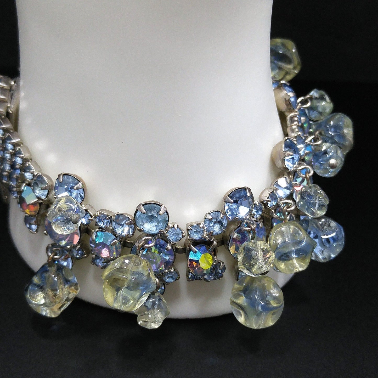 Light Blue AB Rhinestone Bracelet, Glass Dangle Clear Beads, Rhodium Plated, 1950s Vintage Jewelry
