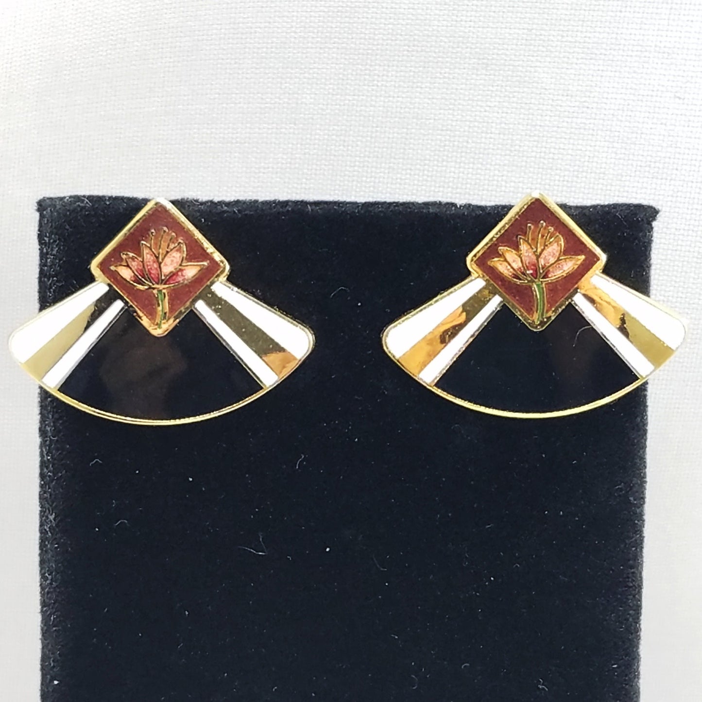 Vintage Laurel Burch WATER LILY Fan Gold Cloisonne Earrings, Gold Filled Posts