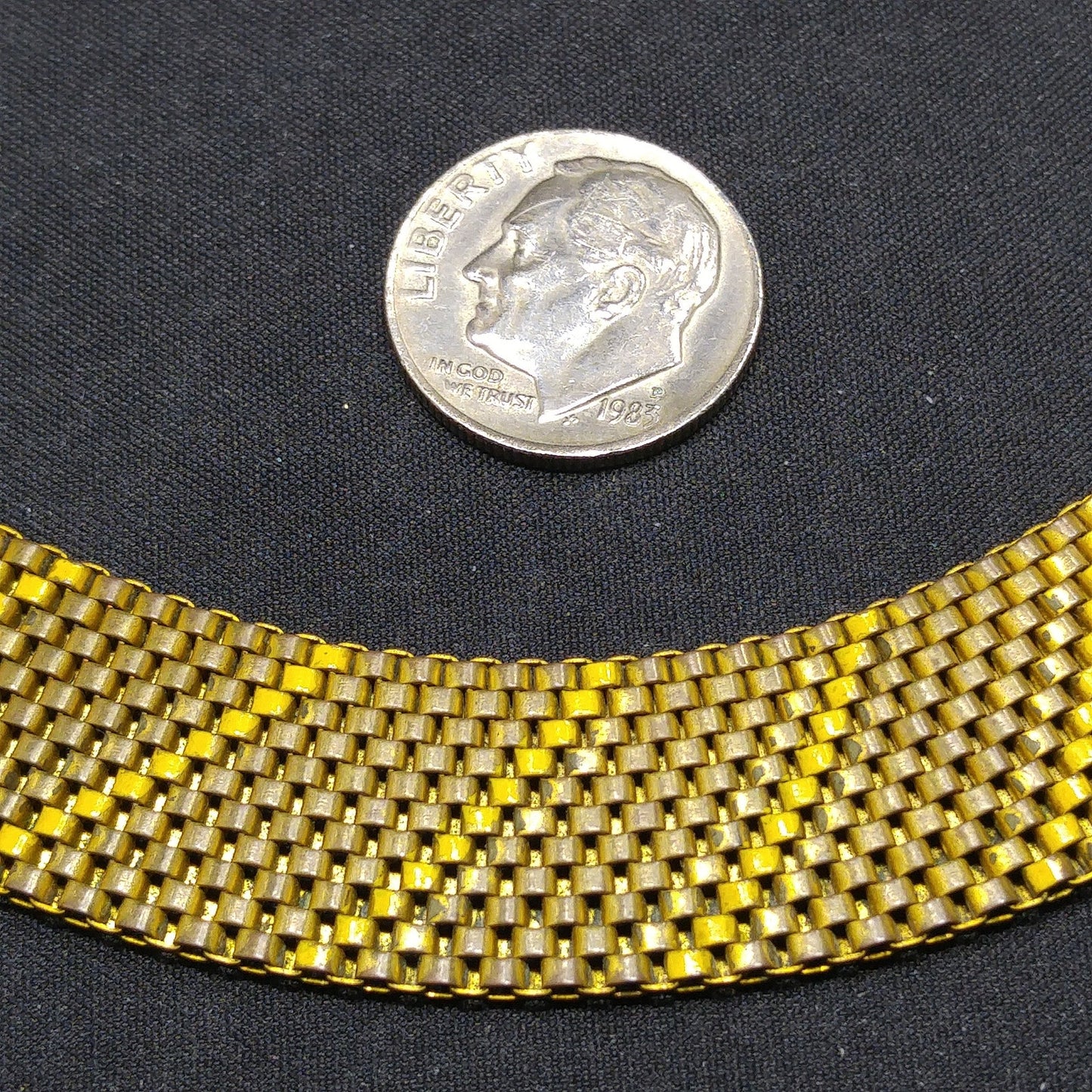 Art Deco Brass Mesh Necklace, Yellow Enamel, 1930s Vintage Jewelry
