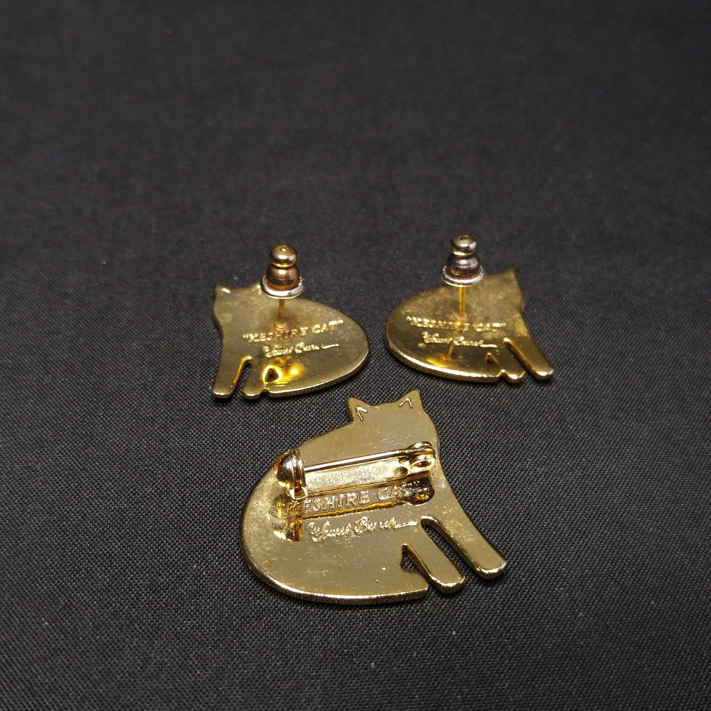Laurel Burch "Keshire Cat" Red Enamel Brooch & Post Earrings, Gold Plated Cloisonne