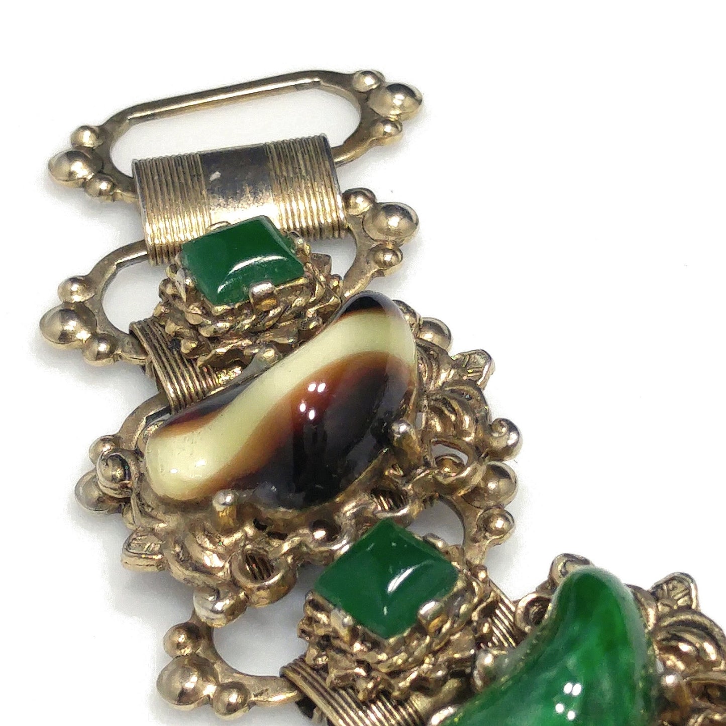 Vintage Book Chain Glass Links Bracelet, Green Red Brown White Glass, 1950s Vintage Jewelry