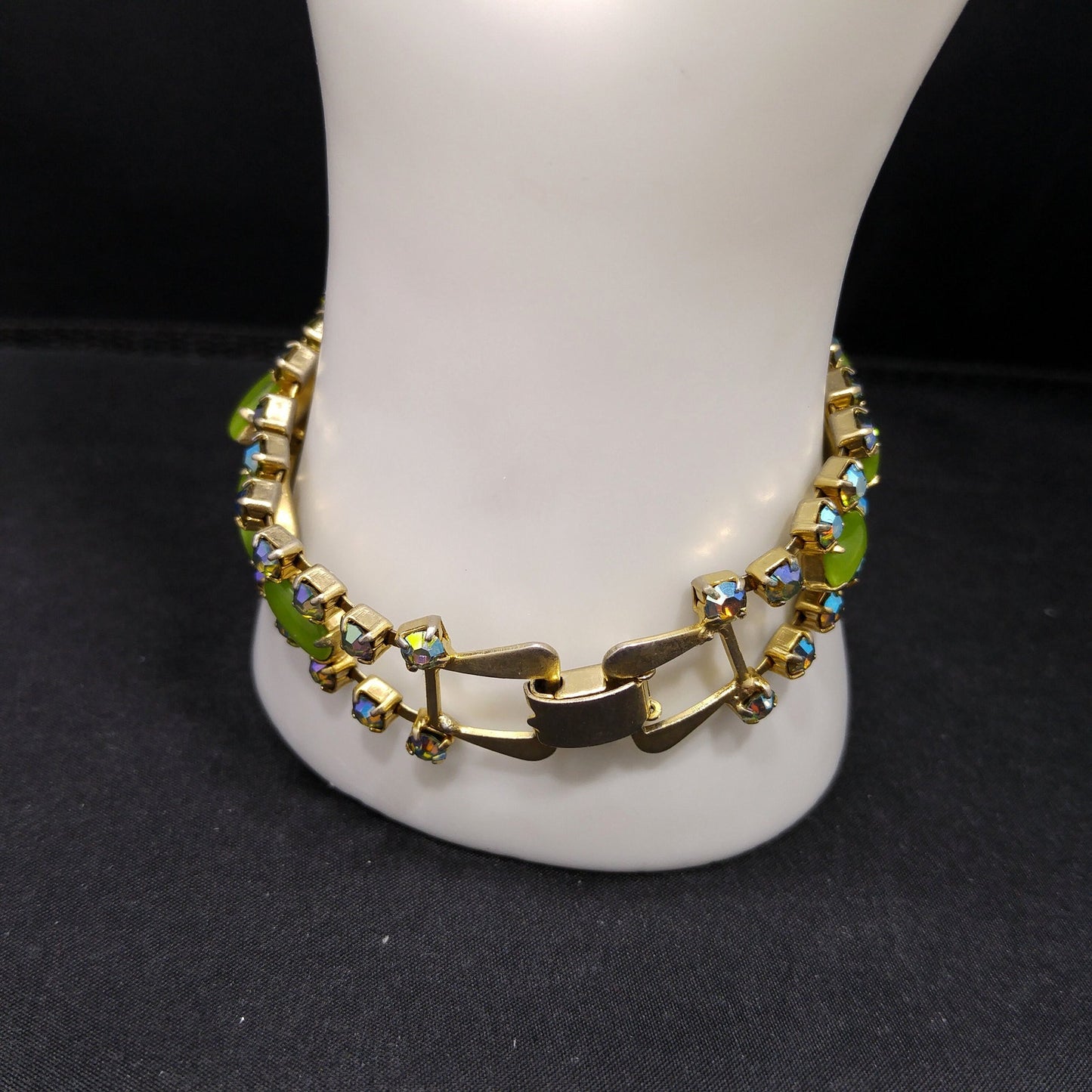 Mid-Century Green Blue AB Rhinestone Bracelet, Aurora Borealis, 1950s Vintage Jewelry