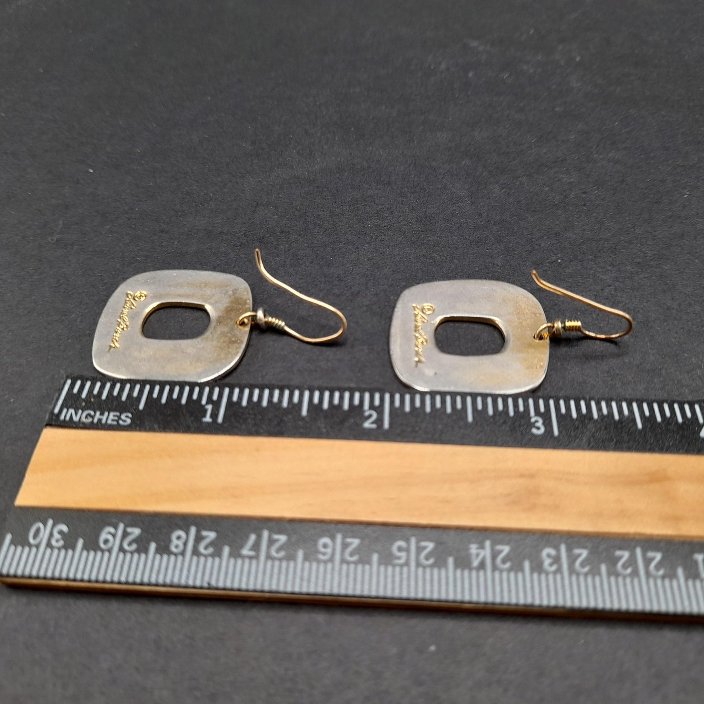 Vintage Laurel Burch Black Gold Drop Earrings, Open Center, Pink Metallic Ring
