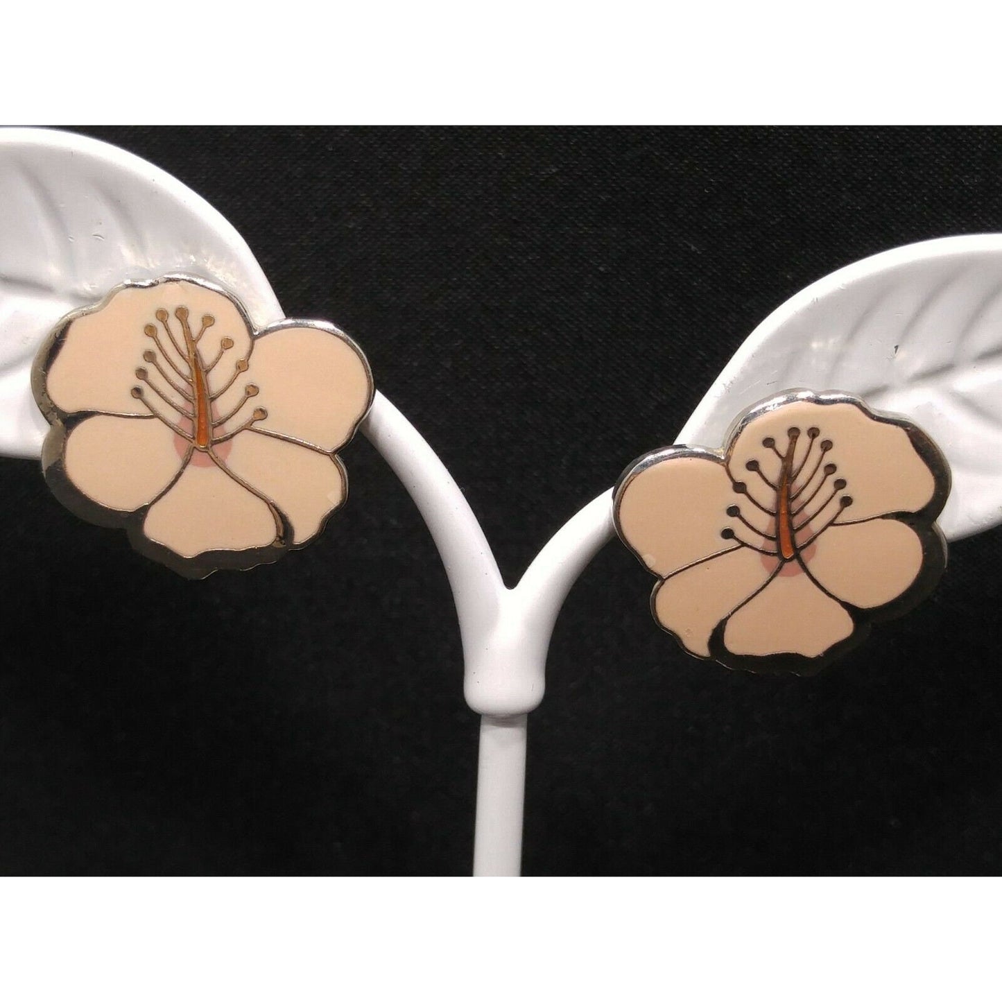 Laurel Burch "Hibiscus" Pink Post Earrings, Rhodium Plated Silver Tone, 1980s