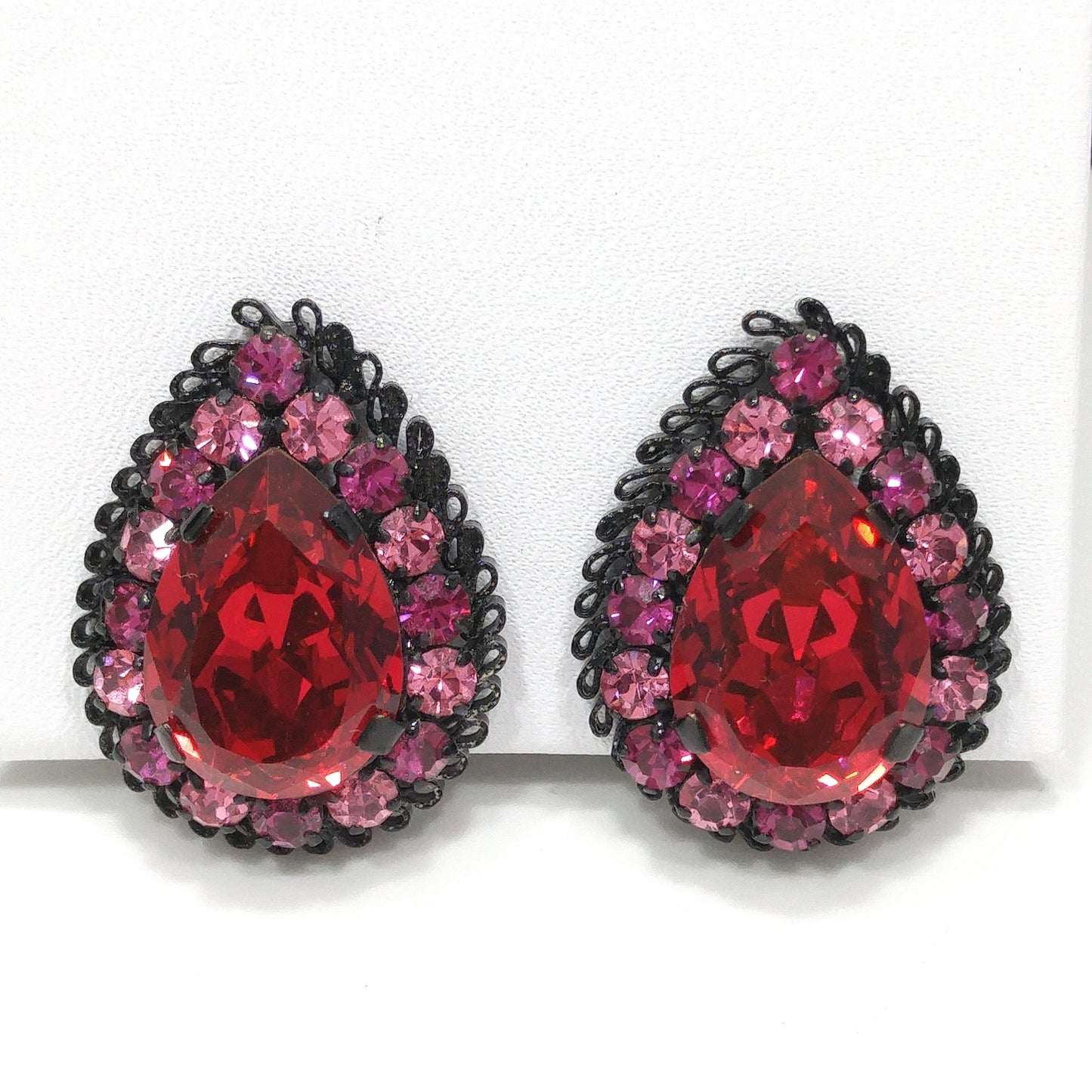 Made in Austria Red Pink Rhinestone Earrings, Japanned Black Metal, 1960s Vintage