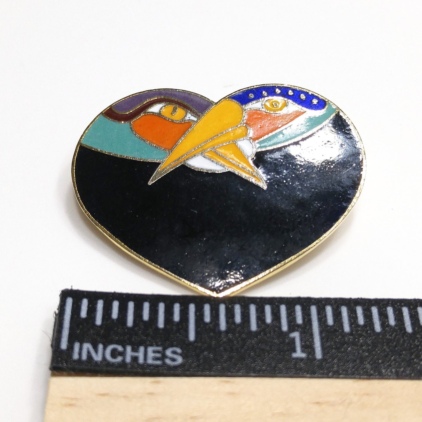 Laurel Burch Two Bird Heart Brooch, Gold Plated Cloisonne, 1980s Vintage Jewelry