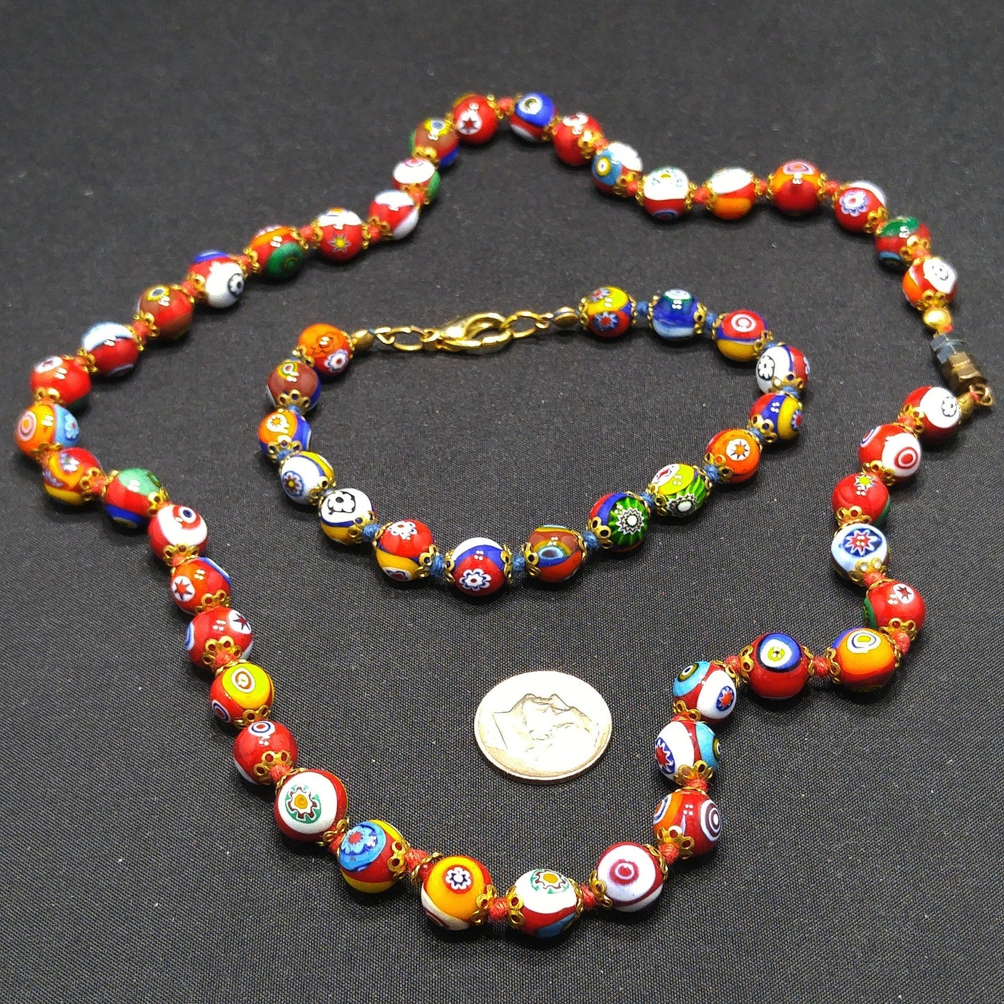 Murano Millefiori Beaded Necklace Bracelet Set, Hand Blown Glass, Hand Knotted in Red, 1950s Vintage Jewelry