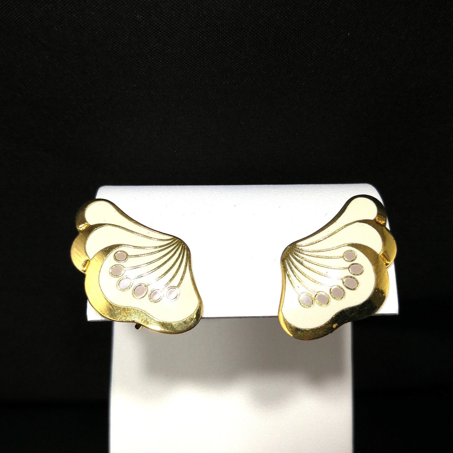Laurel Burch "Le Fleur" Gold & White Clip Earrings, Gold Plated, 1980s Vintage