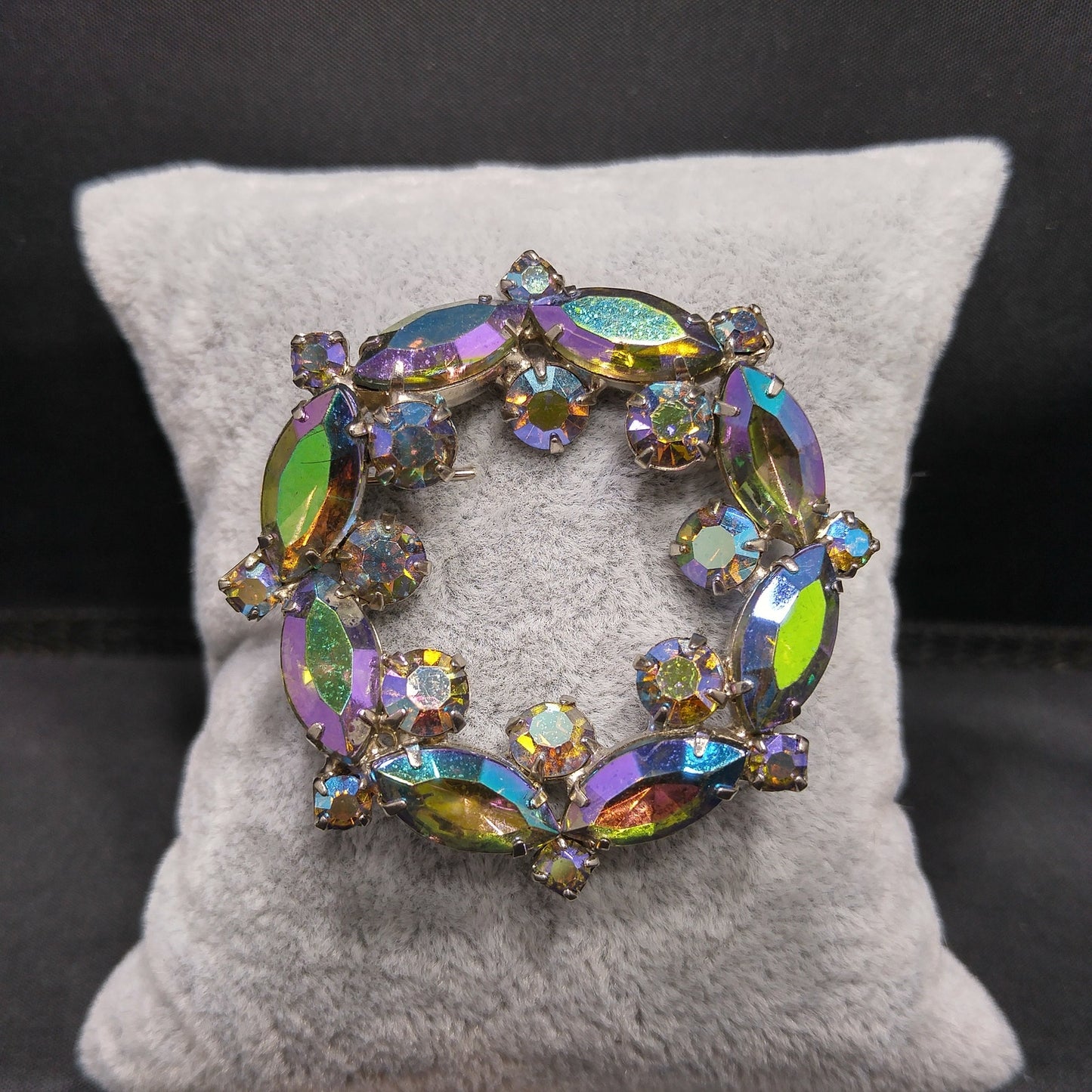 Blue Vitrail Rhinestone Wreath Brooch, 1960s Vintage Jewelry, Rhodium Plated