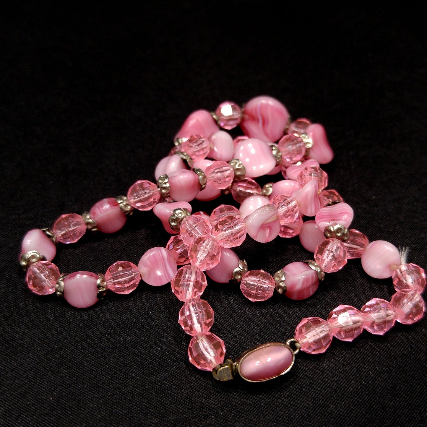 Czech Glass & Thermoset Beaded Necklace, Pink Art Glass Beads, 1940s Vintage Jewelry
