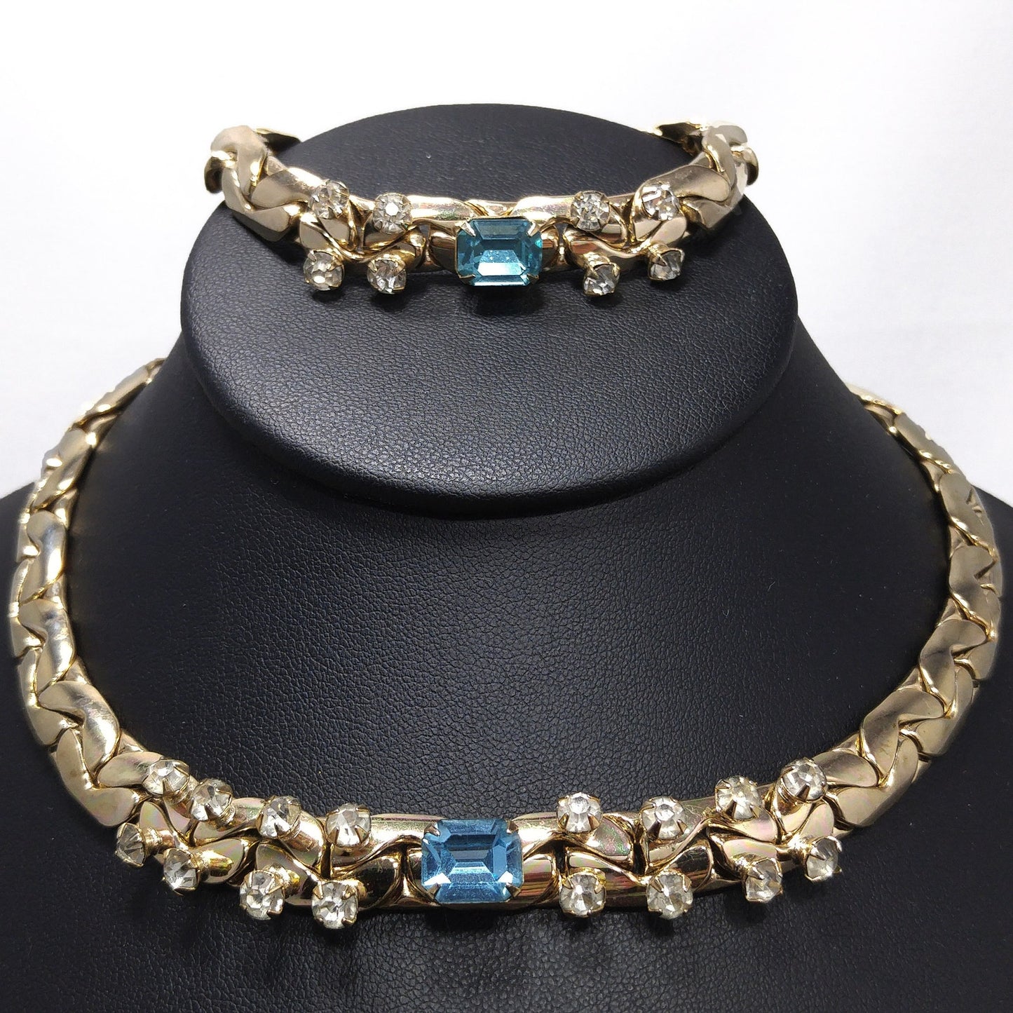 Vintage Gold Tone Chain Rhinestone Necklace & Bracelet Set, Sky Blue