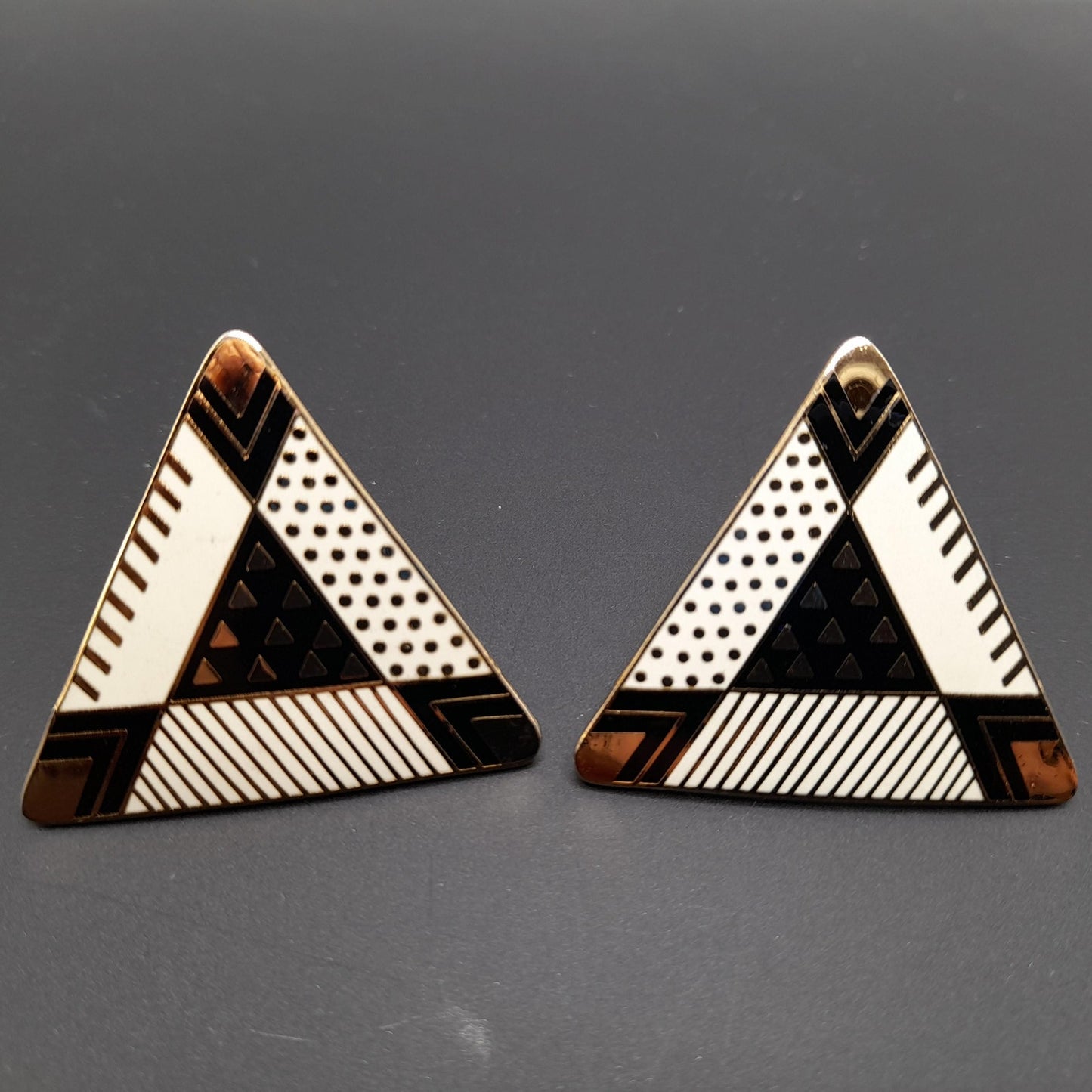 Laurel Burch Large Geometric Clip Earrings, Black White Enamel, Gold Plated, 1980s Vintage Jewelry